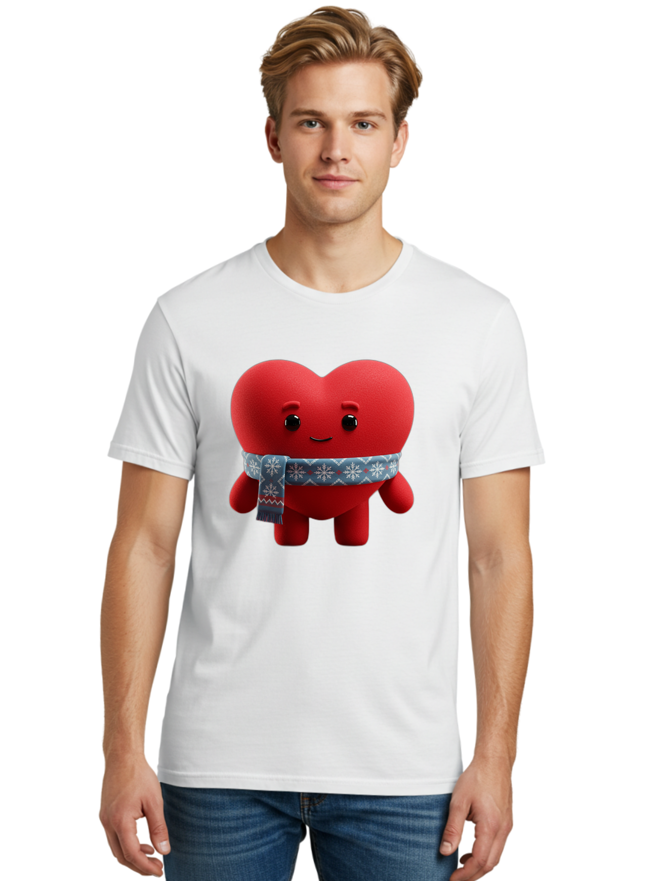 Heart-Character-2 Men'S Graphic Tee, 100% Cotton, Comfortable Casual Summer Wear, Machine Washable, Heart Character, Red Heart, Snowflake Scarf, Winter Theme, Cute Character, Love Symbol, Festive Design, Cartoon Heart, Smiling Face Bae038 30