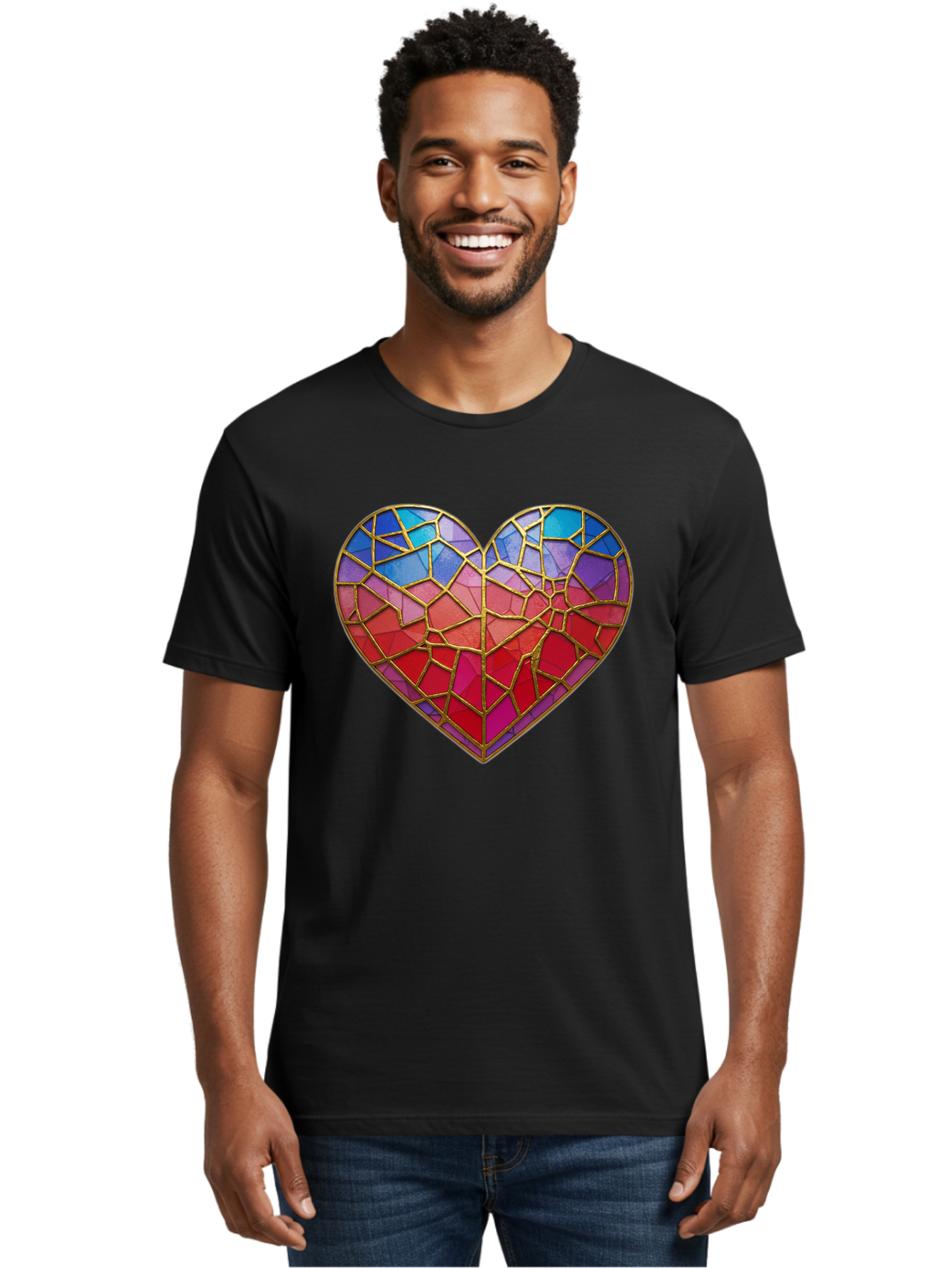 Heart-Mosaic Men'S Graphic Tee, 100% Cotton, Comfortable Casual Summer Wear, Machine Washable, Mosaic Art, Stained Glass Heart, Vibrant Colors, Gold Accents, Love Symbol, Artistic Expression, Colorful Mosaic, Heart Shape Bae040 22