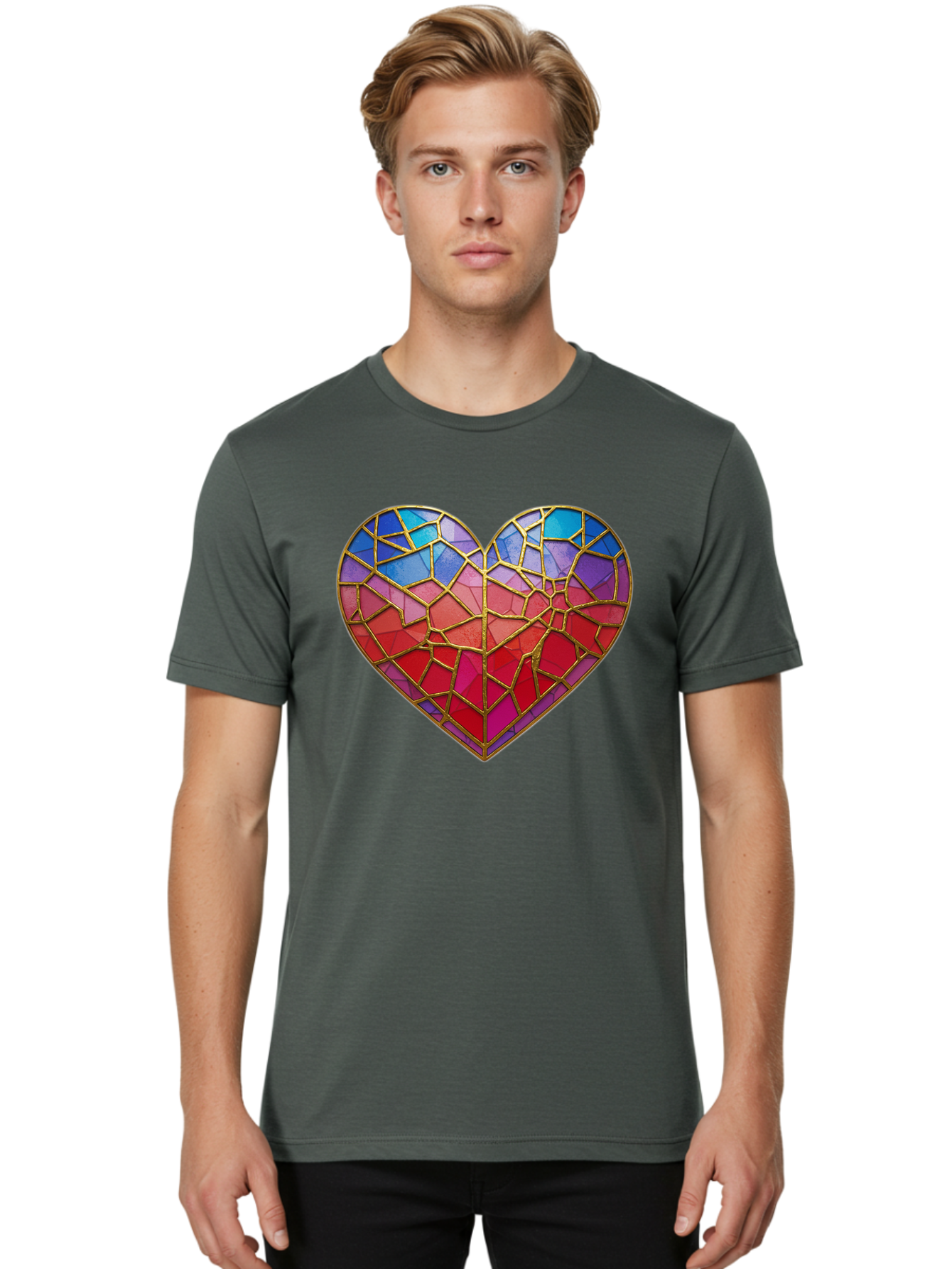 Heart-Mosaic Men'S Graphic Tee, 100% Cotton, Comfortable Casual Summer Wear, Machine Washable, Mosaic Art, Stained Glass Heart, Vibrant Colors, Gold Accents, Love Symbol, Artistic Expression, Colorful Mosaic, Heart Shape Bae040 17