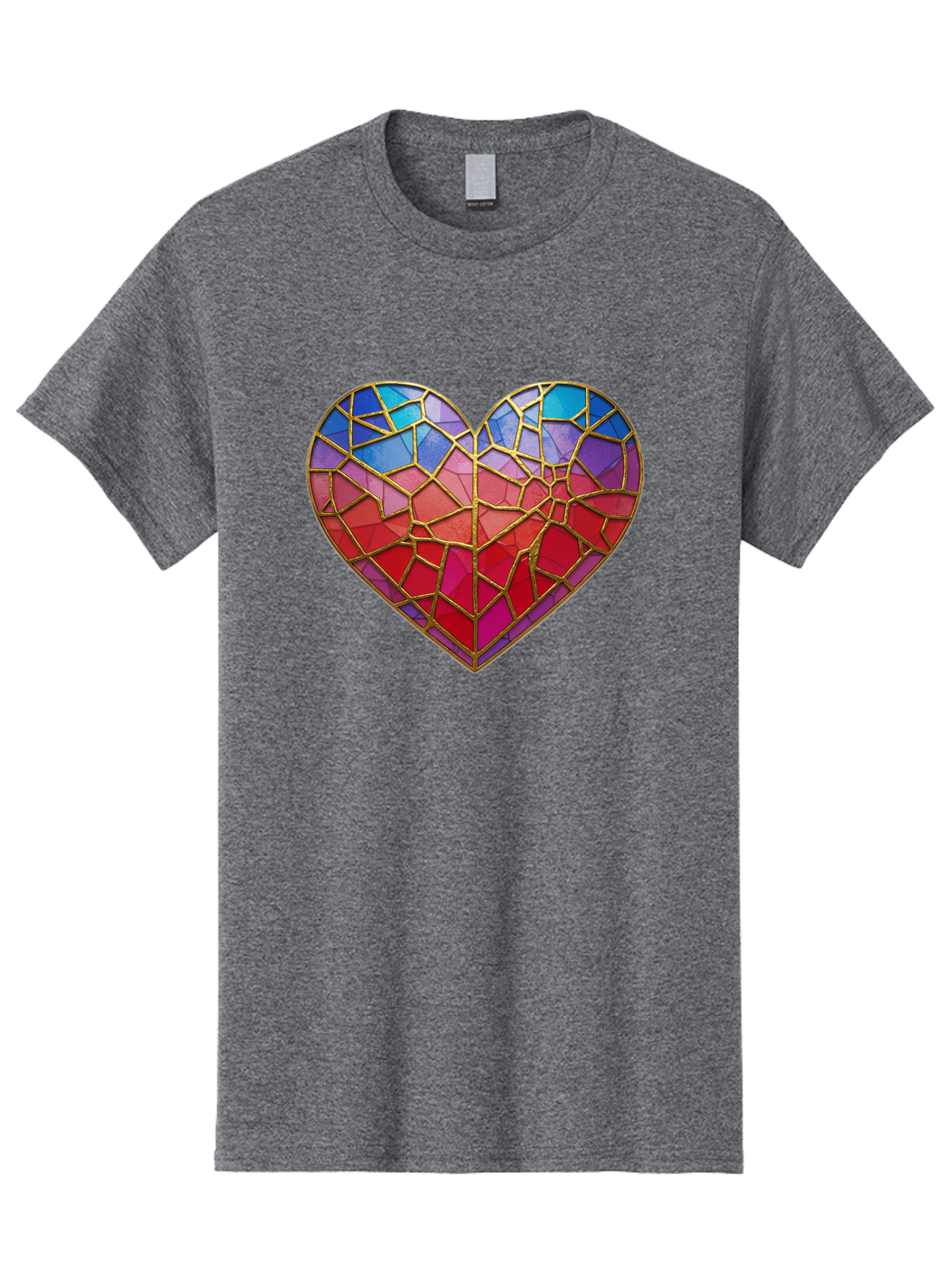 Heart-Mosaic Men'S Graphic Tee, 100% Cotton, Comfortable Casual Summer Wear, Machine Washable, Mosaic Art, Stained Glass Heart, Vibrant Colors, Gold Accents, Love Symbol, Artistic Expression, Colorful Mosaic, Heart Shape Bae040 3