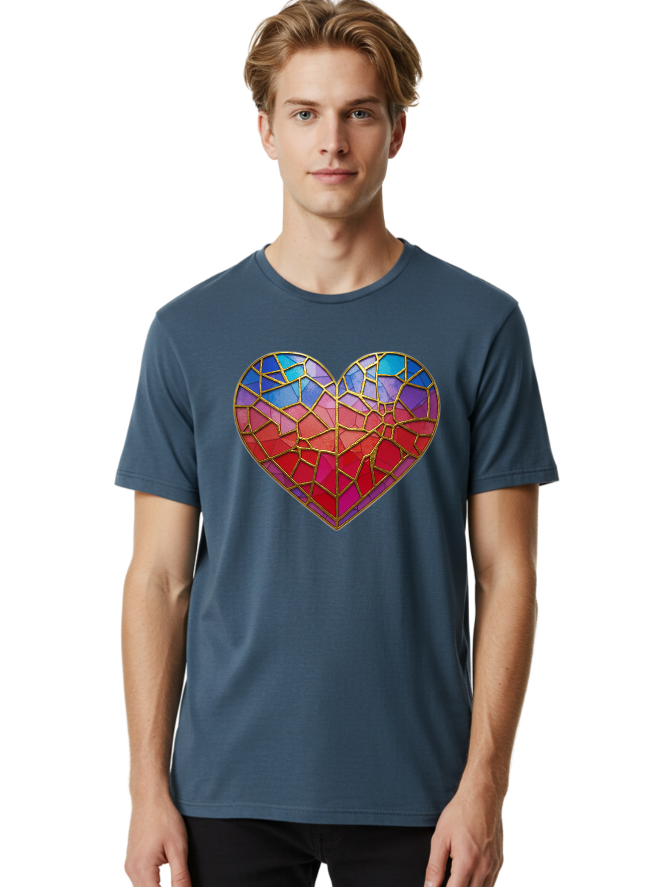 Heart-Mosaic Men'S Graphic Tee, 100% Cotton, Comfortable Casual Summer Wear, Machine Washable, Mosaic Art, Stained Glass Heart, Vibrant Colors, Gold Accents, Love Symbol, Artistic Expression, Colorful Mosaic, Heart Shape Bae040 21