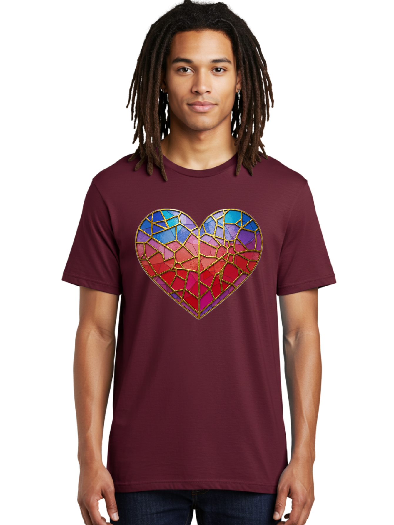 Heart-Mosaic Men'S Graphic Tee, 100% Cotton, Comfortable Casual Summer Wear, Machine Washable, Mosaic Art, Stained Glass Heart, Vibrant Colors, Gold Accents, Love Symbol, Artistic Expression, Colorful Mosaic, Heart Shape Bae040 26