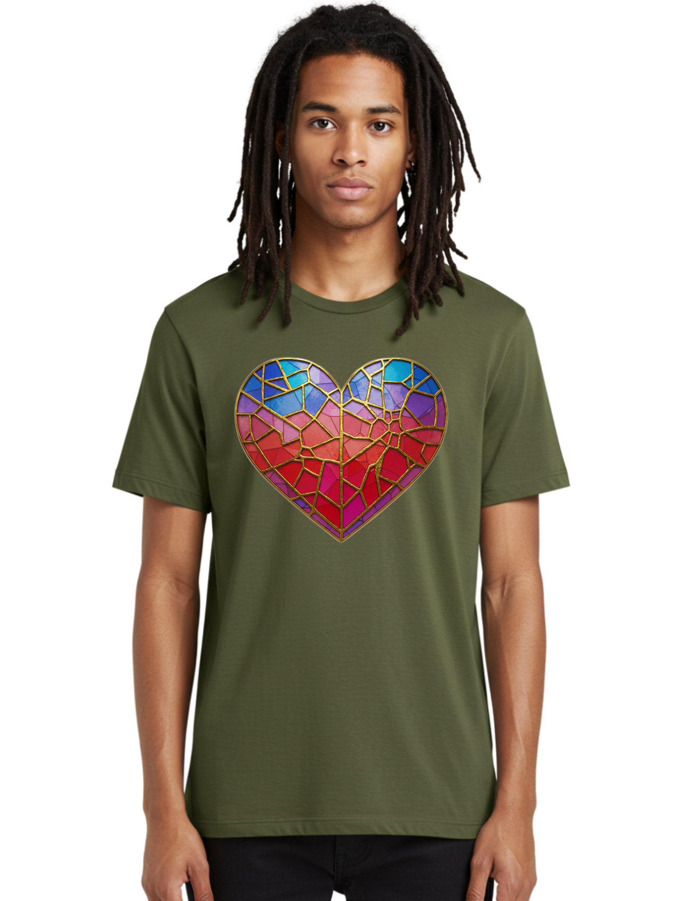 Heart-Mosaic Men'S Graphic Tee, 100% Cotton, Comfortable Casual Summer Wear, Machine Washable, Mosaic Art, Stained Glass Heart, Vibrant Colors, Gold Accents, Love Symbol, Artistic Expression, Colorful Mosaic, Heart Shape Bae040 24
