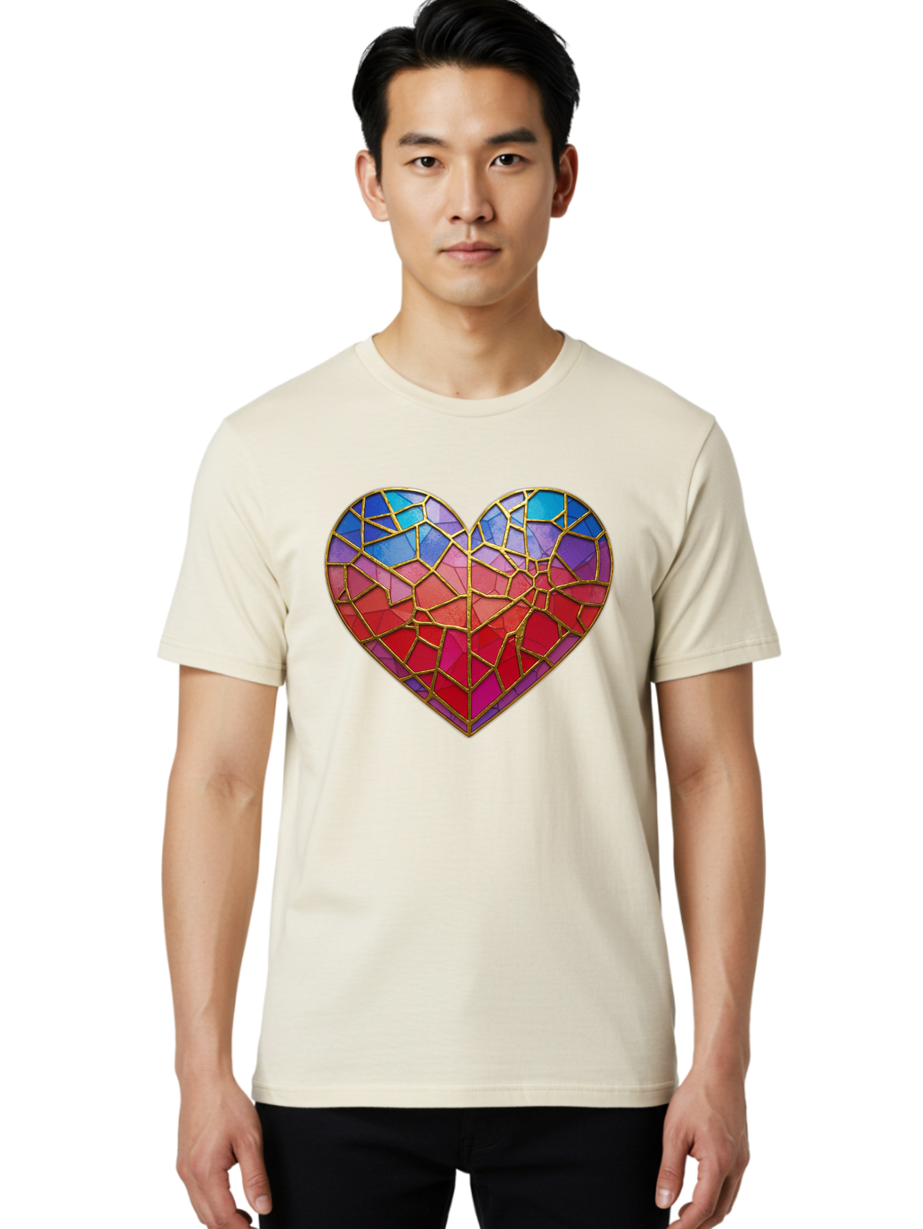 Heart-Mosaic Men'S Graphic Tee, 100% Cotton, Comfortable Casual Summer Wear, Machine Washable, Mosaic Art, Stained Glass Heart, Vibrant Colors, Gold Accents, Love Symbol, Artistic Expression, Colorful Mosaic, Heart Shape Bae040 23