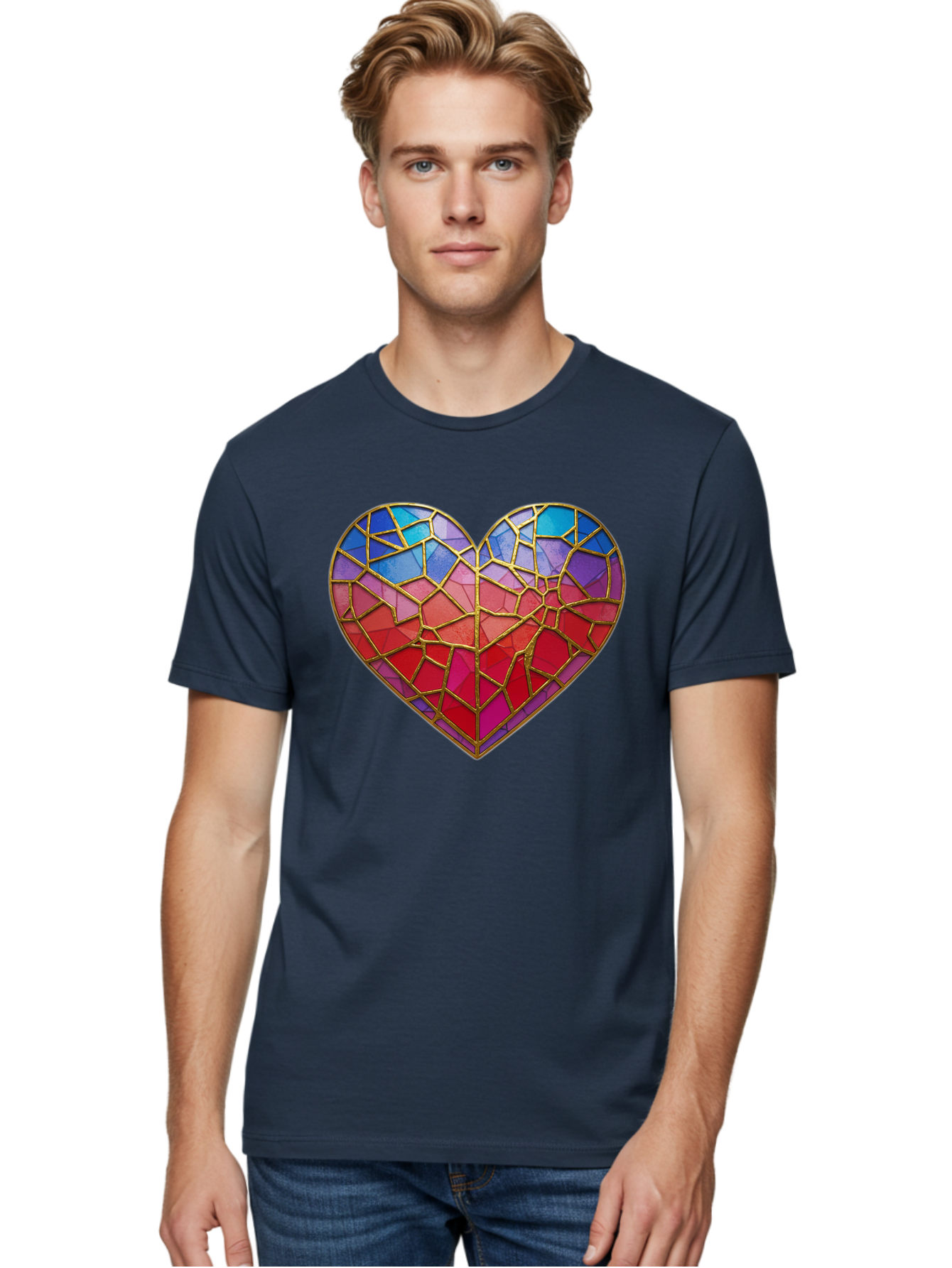 Heart-Mosaic Men'S Graphic Tee, 100% Cotton, Comfortable Casual Summer Wear, Machine Washable, Mosaic Art, Stained Glass Heart, Vibrant Colors, Gold Accents, Love Symbol, Artistic Expression, Colorful Mosaic, Heart Shape Bae040 20