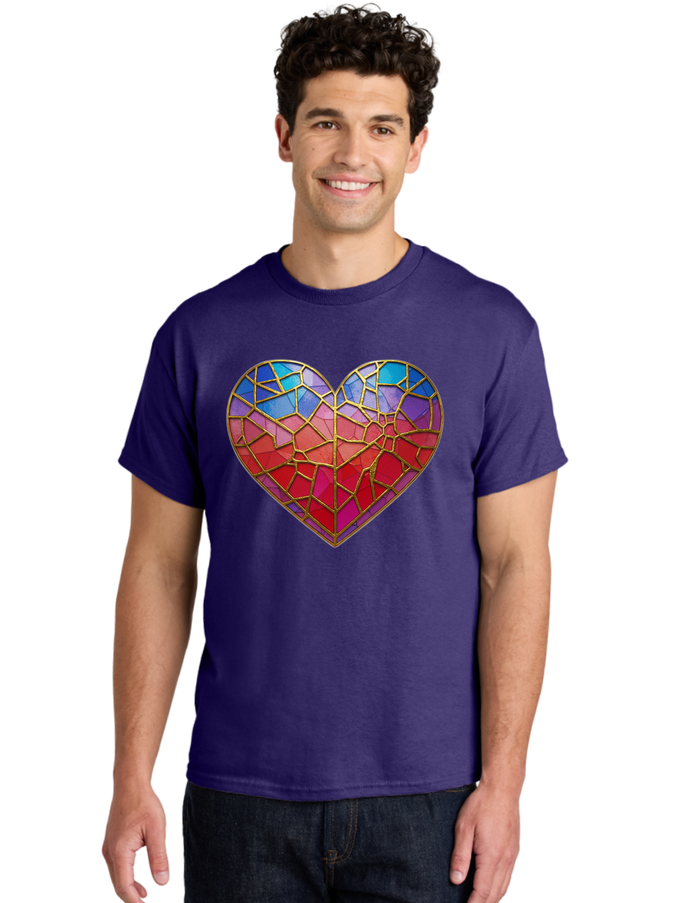 Heart-Mosaic Men'S Graphic Tee, 100% Cotton, Comfortable Casual Summer Wear, Machine Washable, Mosaic Art, Stained Glass Heart, Vibrant Colors, Gold Accents, Love Symbol, Artistic Expression, Colorful Mosaic, Heart Shape Bae040 28