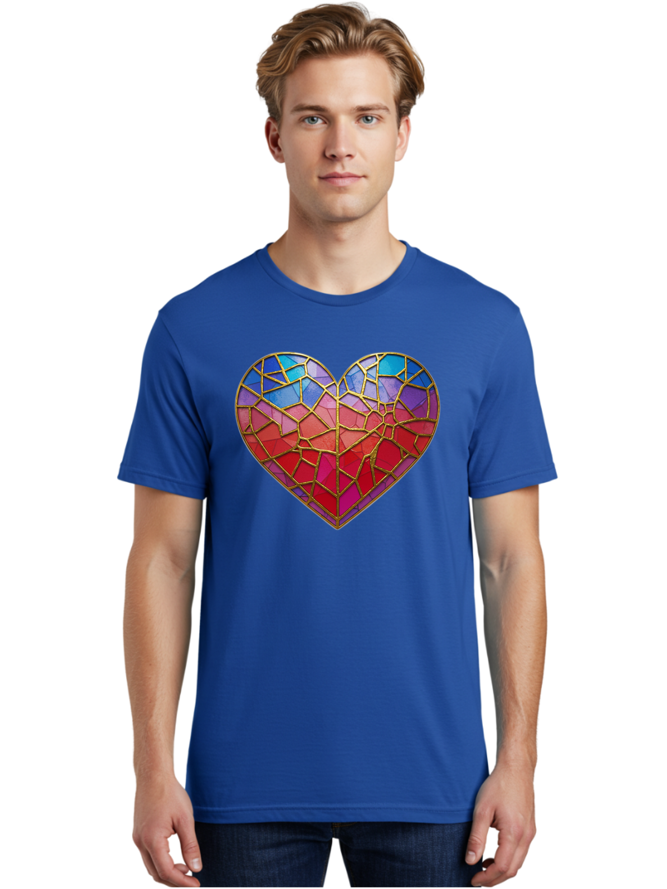 Heart-Mosaic Men'S Graphic Tee, 100% Cotton, Comfortable Casual Summer Wear, Machine Washable, Mosaic Art, Stained Glass Heart, Vibrant Colors, Gold Accents, Love Symbol, Artistic Expression, Colorful Mosaic, Heart Shape Bae040 25