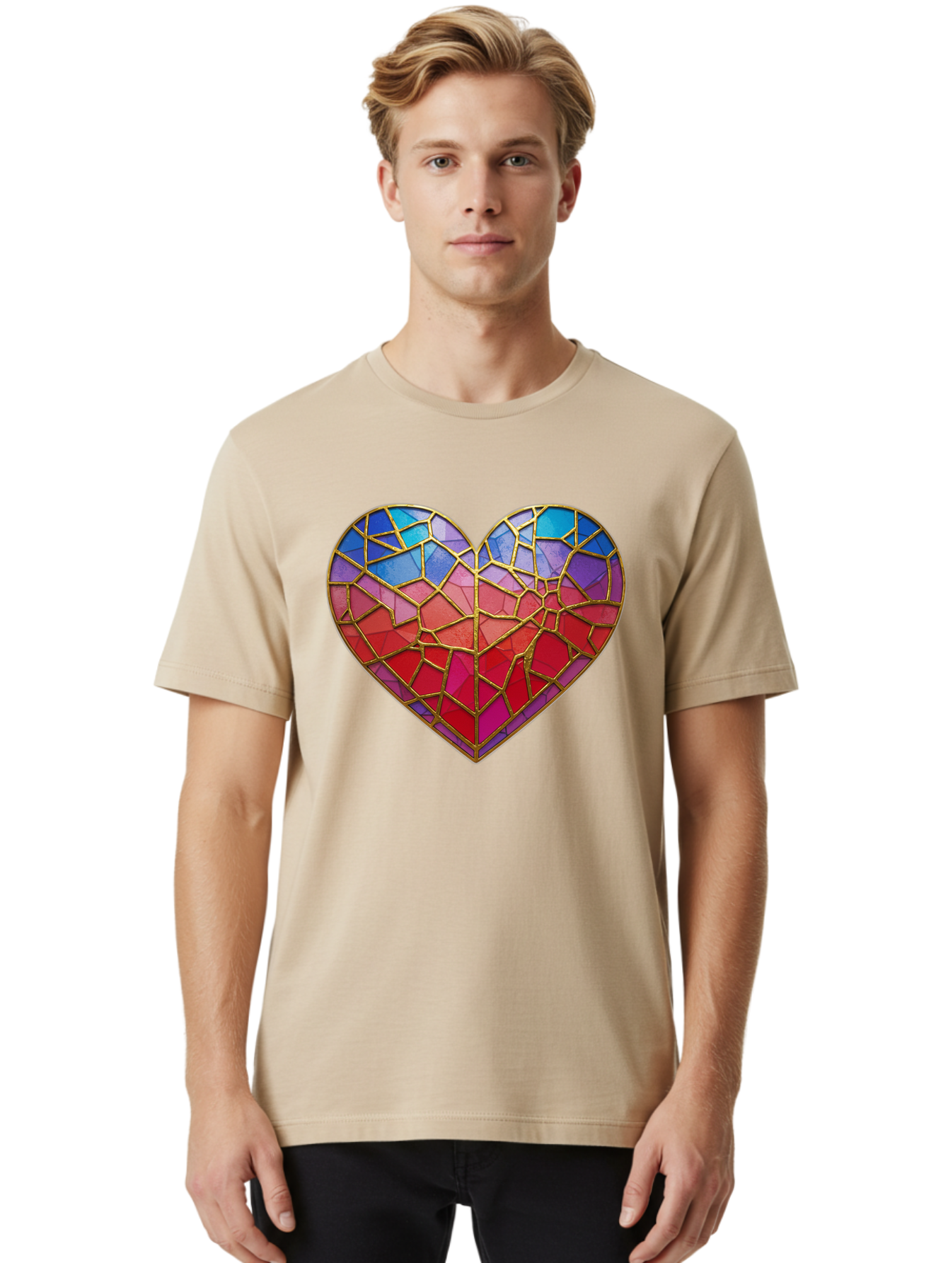 Heart-Mosaic Men'S Graphic Tee, 100% Cotton, Comfortable Casual Summer Wear, Machine Washable, Mosaic Art, Stained Glass Heart, Vibrant Colors, Gold Accents, Love Symbol, Artistic Expression, Colorful Mosaic, Heart Shape Bae040 29