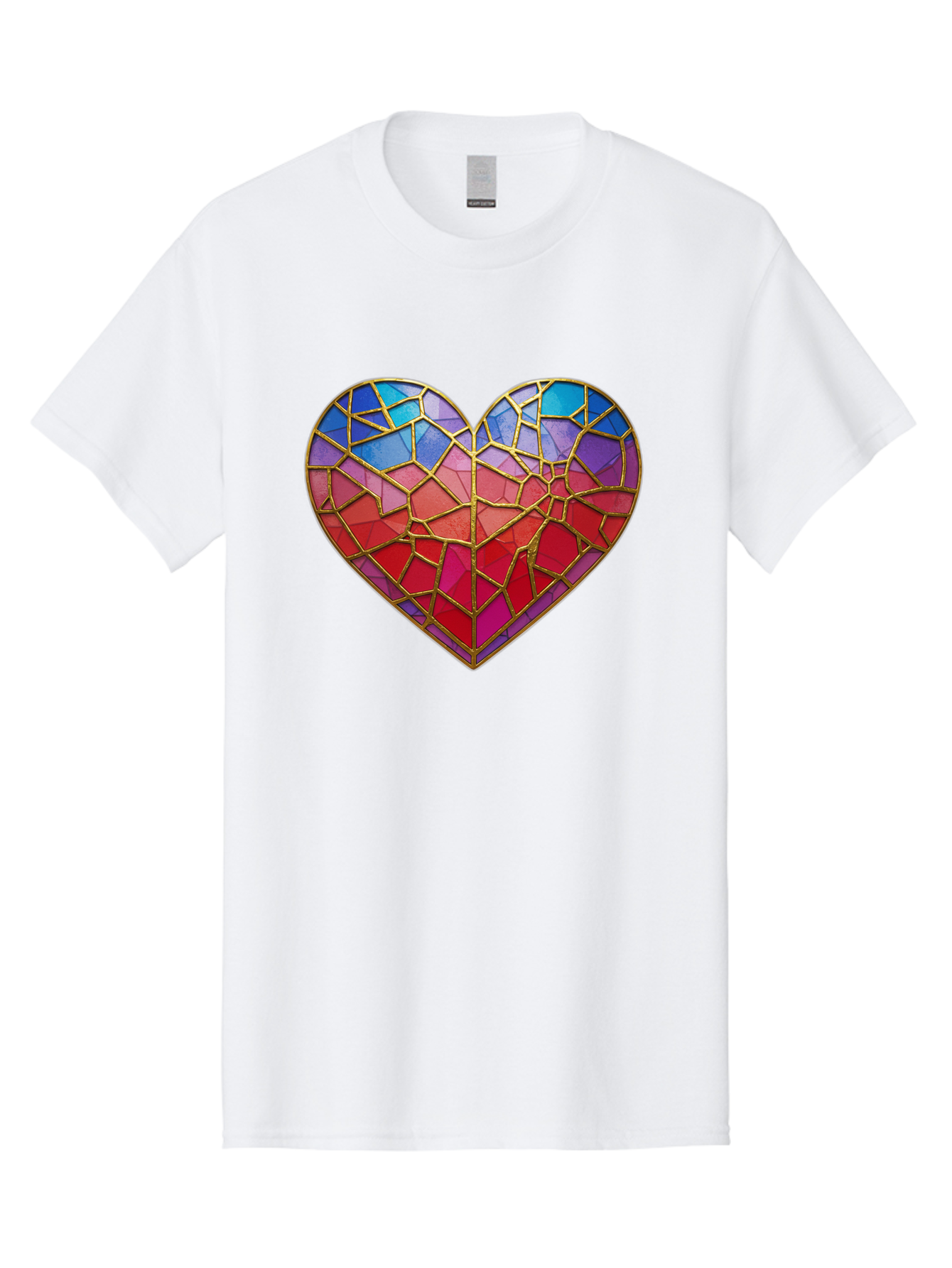Heart-Mosaic Men'S Graphic Tee, 100% Cotton, Comfortable Casual Summer Wear, Machine Washable, Mosaic Art, Stained Glass Heart, Vibrant Colors, Gold Accents, Love Symbol, Artistic Expression, Colorful Mosaic, Heart Shape Bae040 12