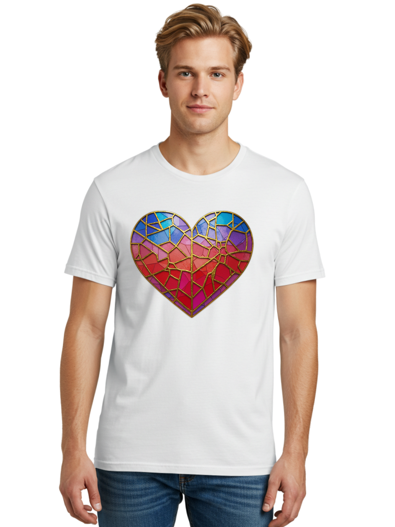 Heart-Mosaic Men'S Graphic Tee, 100% Cotton, Comfortable Casual Summer Wear, Machine Washable, Mosaic Art, Stained Glass Heart, Vibrant Colors, Gold Accents, Love Symbol, Artistic Expression, Colorful Mosaic, Heart Shape Bae040 27