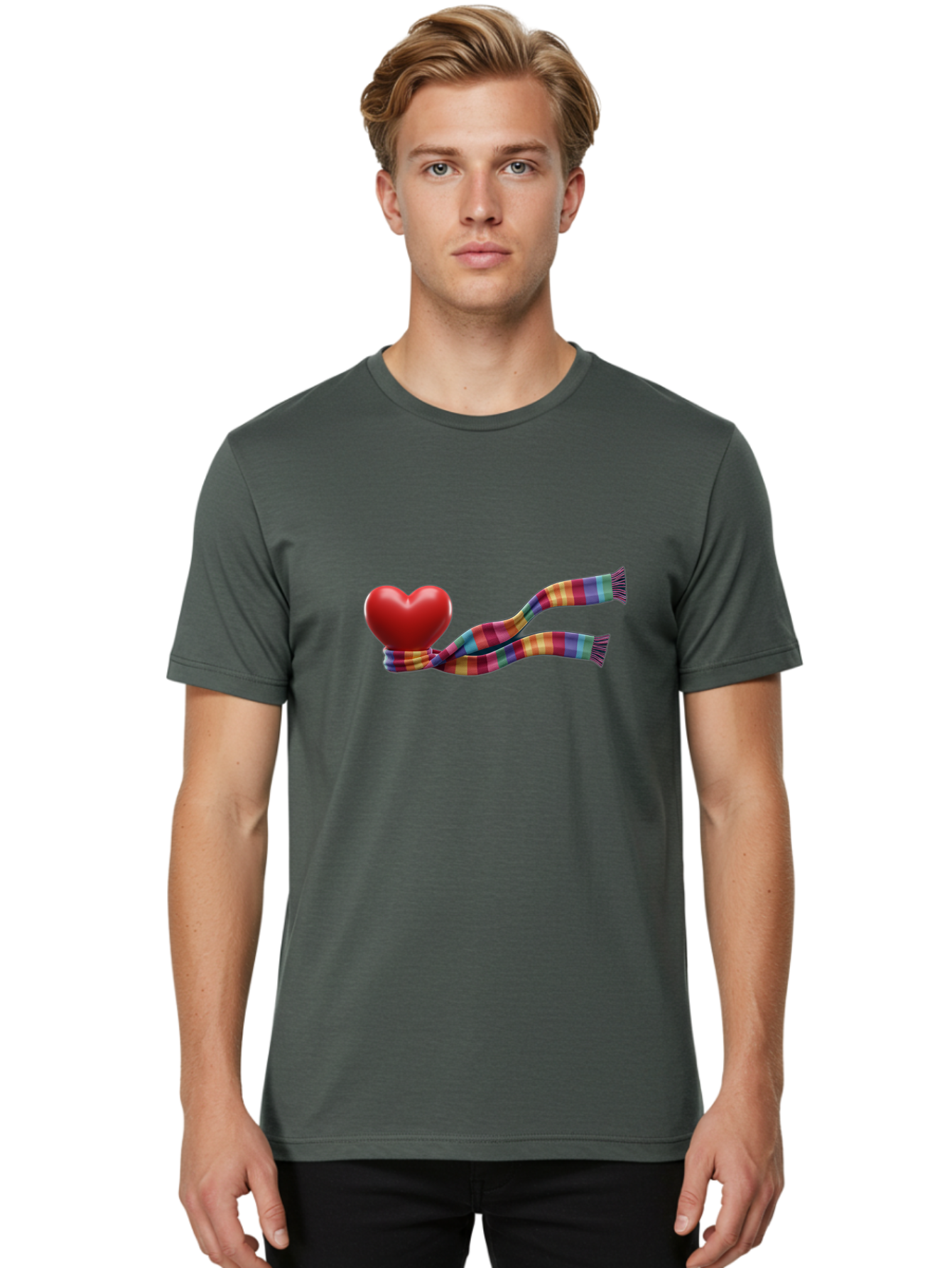 Heart-With-Scarf-2 Men'S Graphic Tee, 100% Cotton, Comfortable Casual Summer Wear, Machine Washable, Red Heart Wrapped In A Scarf, Plaid Pattern, Vibrant Colors, Festive Atmosphere, Love Symbol, Winter Theme, Cozy Feeling Bae043 24