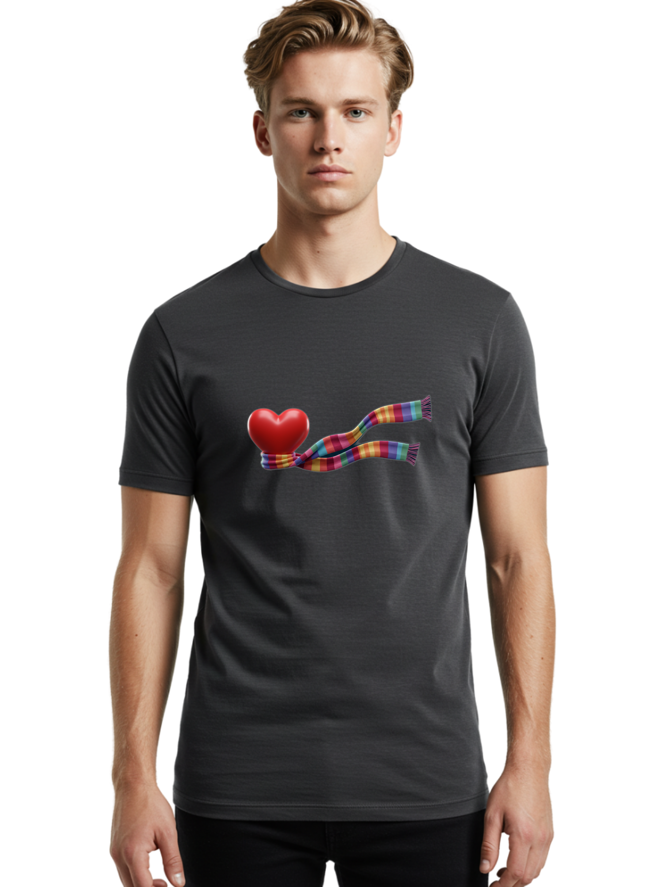 Heart-With-Scarf-2 Men'S Graphic Tee, 100% Cotton, Comfortable Casual Summer Wear, Machine Washable, Red Heart Wrapped In A Scarf, Plaid Pattern, Vibrant Colors, Festive Atmosphere, Love Symbol, Winter Theme, Cozy Feeling Bae043 23