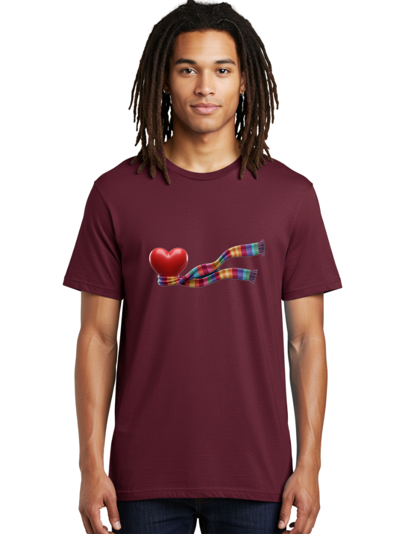 Heart-With-Scarf-2 Men'S Graphic Tee, 100% Cotton, Comfortable Casual Summer Wear, Machine Washable, Red Heart Wrapped In A Scarf, Plaid Pattern, Vibrant Colors, Festive Atmosphere, Love Symbol, Winter Theme, Cozy Feeling Bae043 16