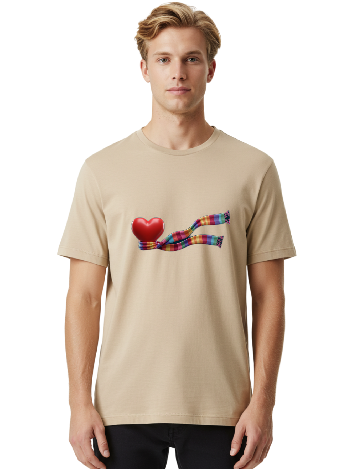 Heart-With-Scarf-2 Men'S Graphic Tee, 100% Cotton, Comfortable Casual Summer Wear, Machine Washable, Red Heart Wrapped In A Scarf, Plaid Pattern, Vibrant Colors, Festive Atmosphere, Love Symbol, Winter Theme, Cozy Feeling Bae043 28