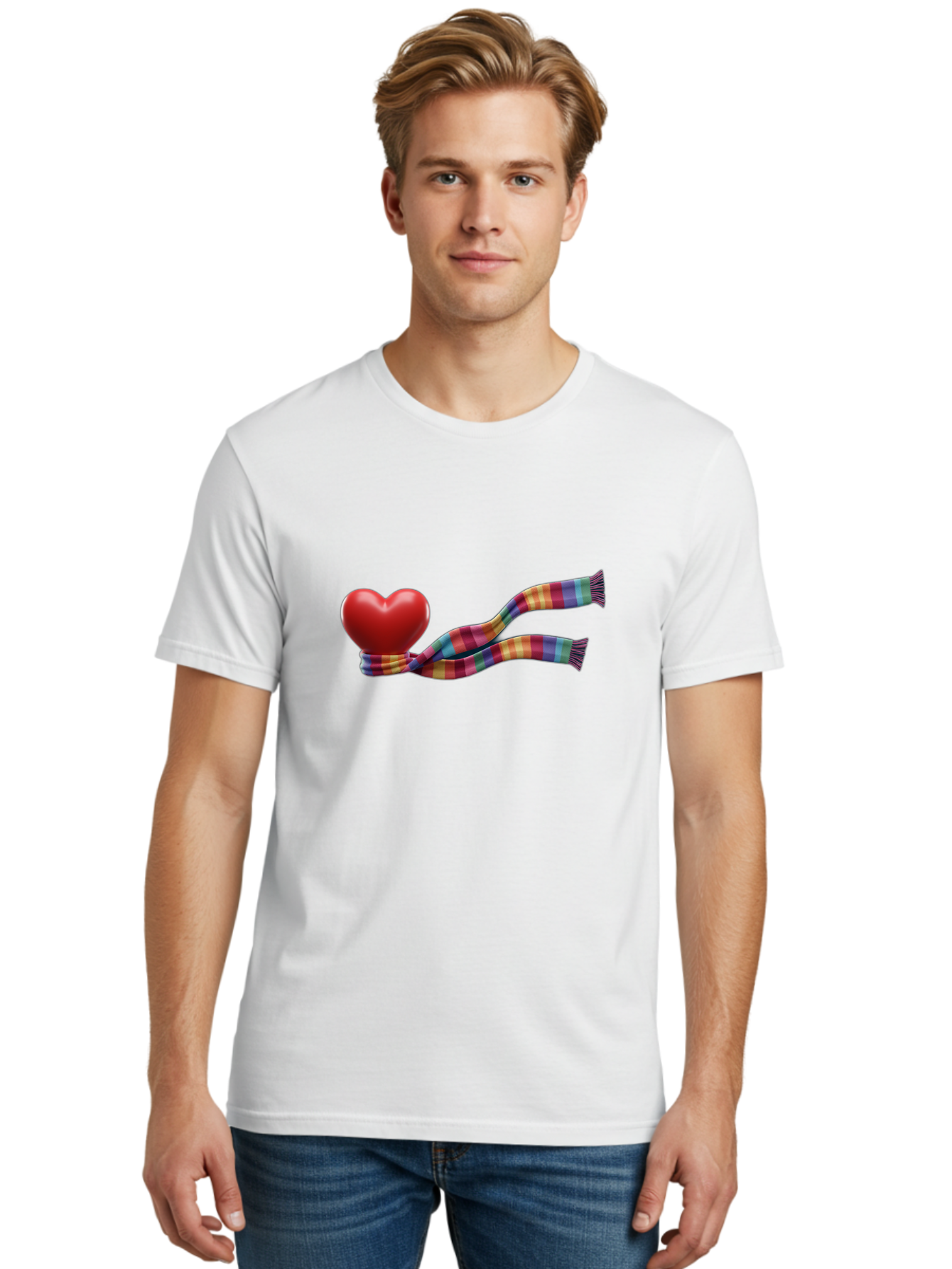 Heart-With-Scarf-2 Men'S Graphic Tee, 100% Cotton, Comfortable Casual Summer Wear, Machine Washable, Red Heart Wrapped In A Scarf, Plaid Pattern, Vibrant Colors, Festive Atmosphere, Love Symbol, Winter Theme, Cozy Feeling Bae043 21