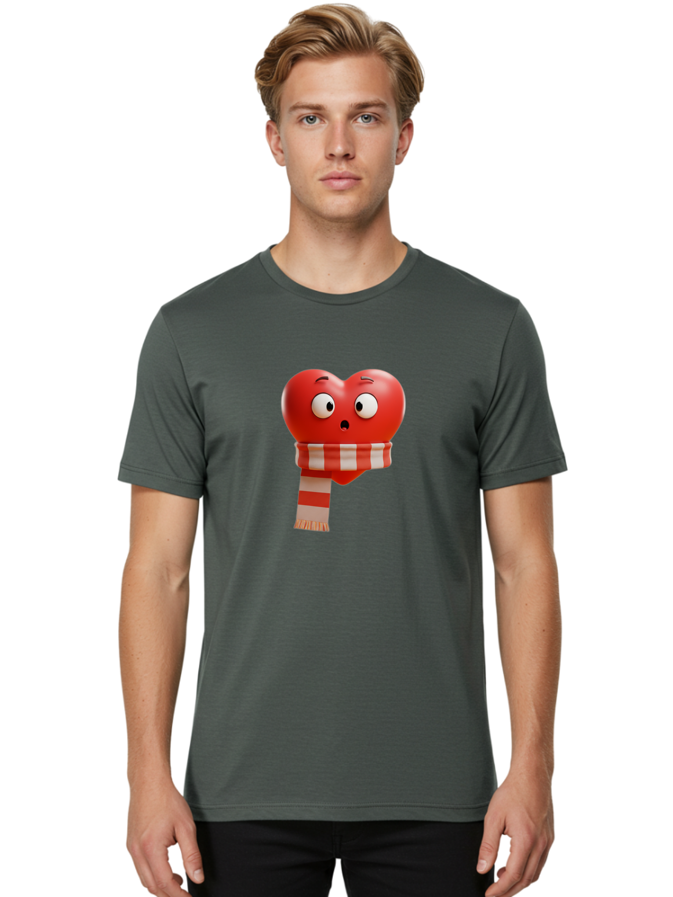 Heart-With-Scarf-3 Men'S Graphic Tee, 100% Cotton, Comfortable Casual Summer Wear, Machine Washable, Cartoon Heart, Red Heart, Surprised Face, Scarf Wrapped, Striped Scarf, 3D Character, Funny Expression, Cute Design, Winter Accessory, Bae044 16