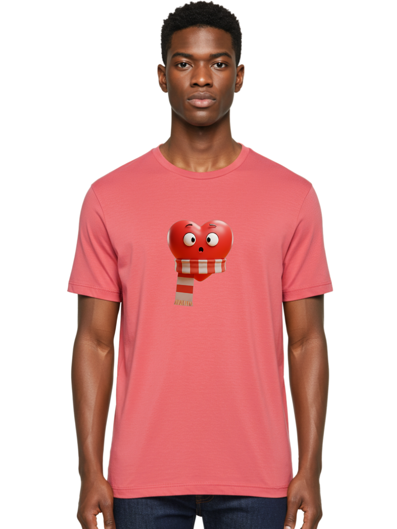 Heart-With-Scarf-3 Men'S Graphic Tee, 100% Cotton, Comfortable Casual Summer Wear, Machine Washable, Cartoon Heart, Red Heart, Surprised Face, Scarf Wrapped, Striped Scarf, 3D Character, Funny Expression, Cute Design, Winter Accessory, Bae044 25