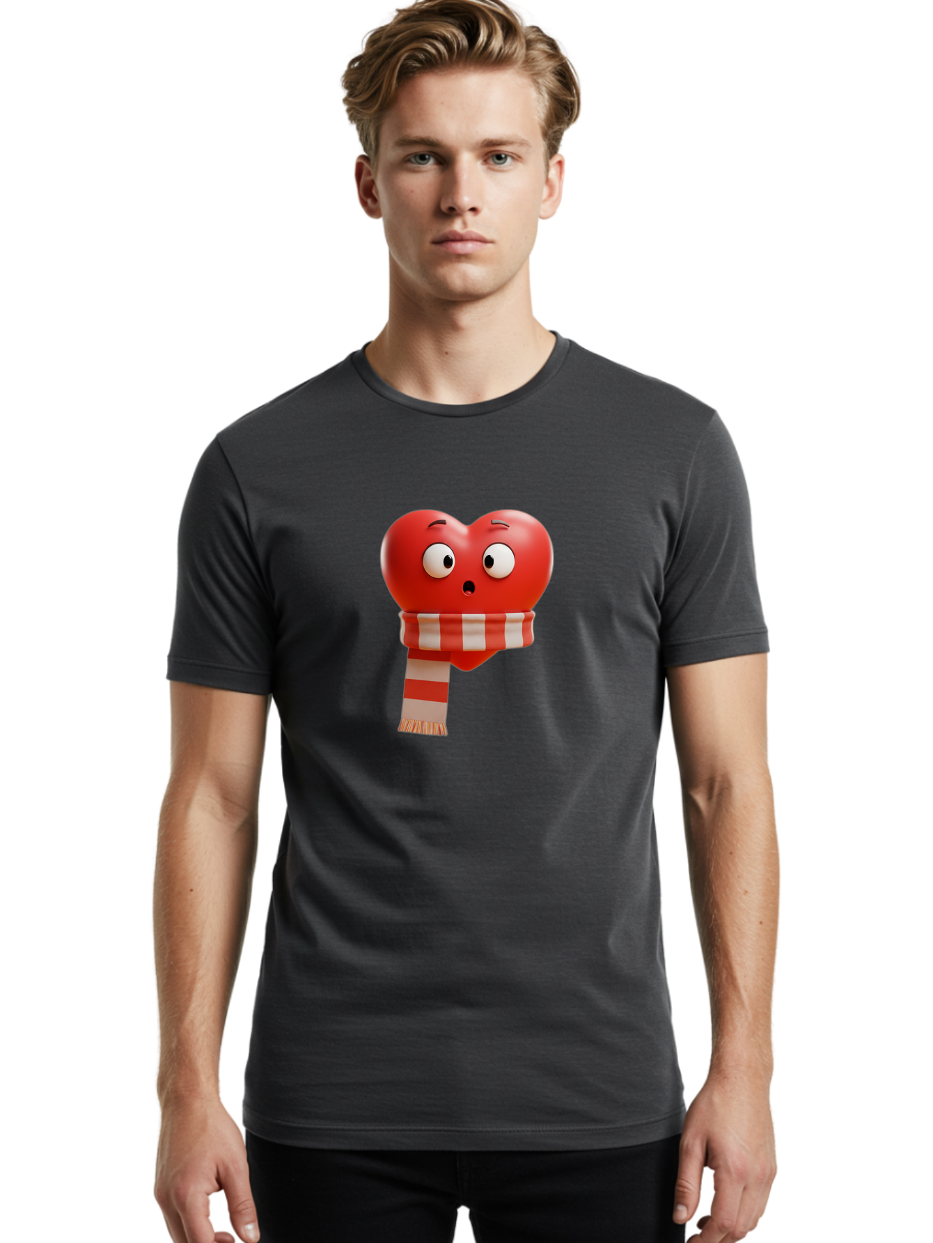 Heart-With-Scarf-3 Men'S Graphic Tee, 100% Cotton, Comfortable Casual Summer Wear, Machine Washable, Cartoon Heart, Red Heart, Surprised Face, Scarf Wrapped, Striped Scarf, 3D Character, Funny Expression, Cute Design, Winter Accessory, Bae044 20