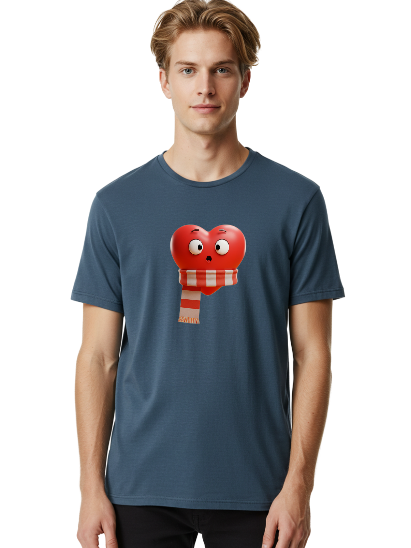 Heart-With-Scarf-3 Men'S Graphic Tee, 100% Cotton, Comfortable Casual Summer Wear, Machine Washable, Cartoon Heart, Red Heart, Surprised Face, Scarf Wrapped, Striped Scarf, 3D Character, Funny Expression, Cute Design, Winter Accessory, Bae044 22