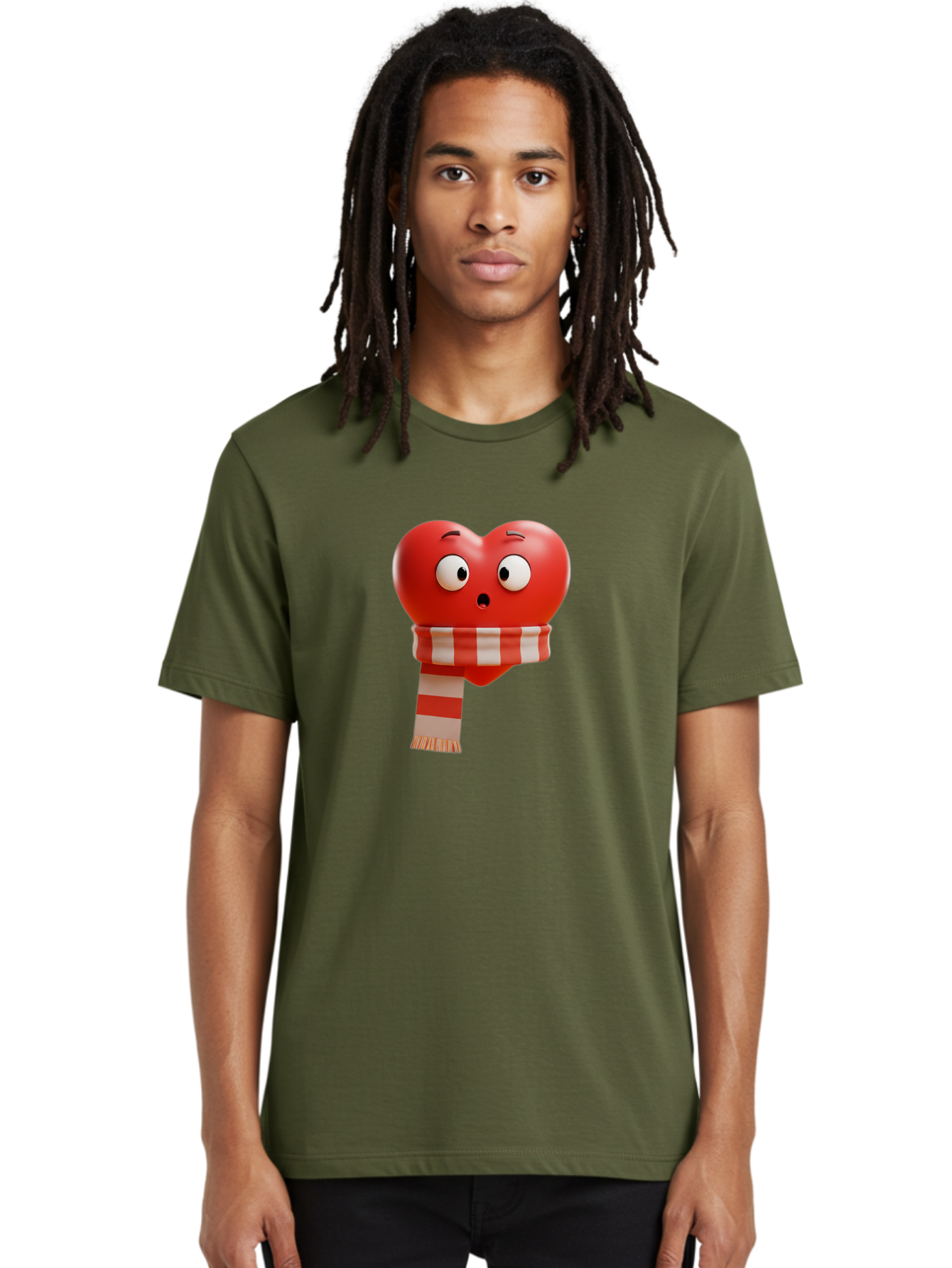 Heart-With-Scarf-3 Men'S Graphic Tee, 100% Cotton, Comfortable Casual Summer Wear, Machine Washable, Cartoon Heart, Red Heart, Surprised Face, Scarf Wrapped, Striped Scarf, 3D Character, Funny Expression, Cute Design, Winter Accessory, Bae044 28