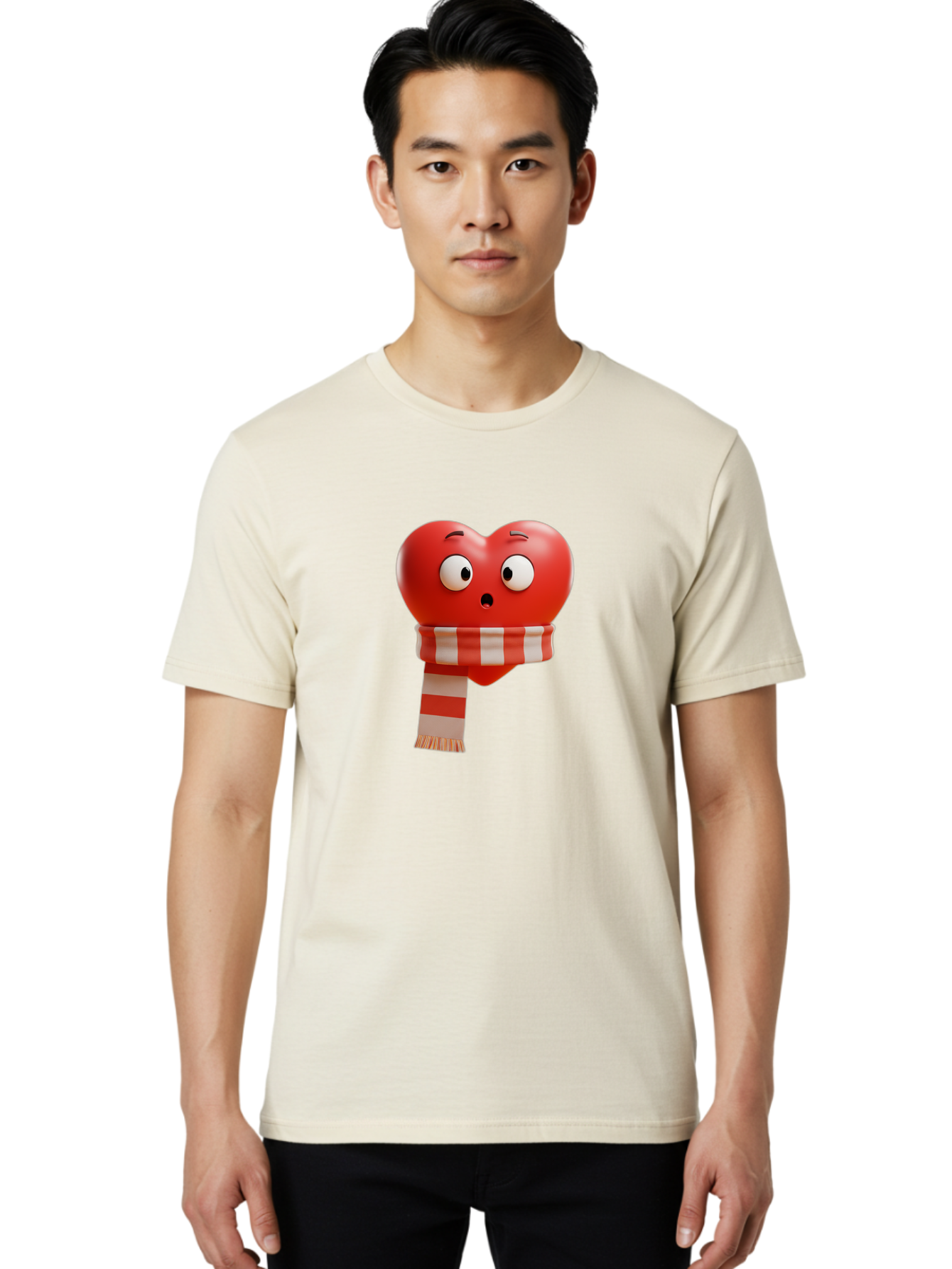 Heart-With-Scarf-3 Men'S Graphic Tee, 100% Cotton, Comfortable Casual Summer Wear, Machine Washable, Cartoon Heart, Red Heart, Surprised Face, Scarf Wrapped, Striped Scarf, 3D Character, Funny Expression, Cute Design, Winter Accessory, Bae044 18