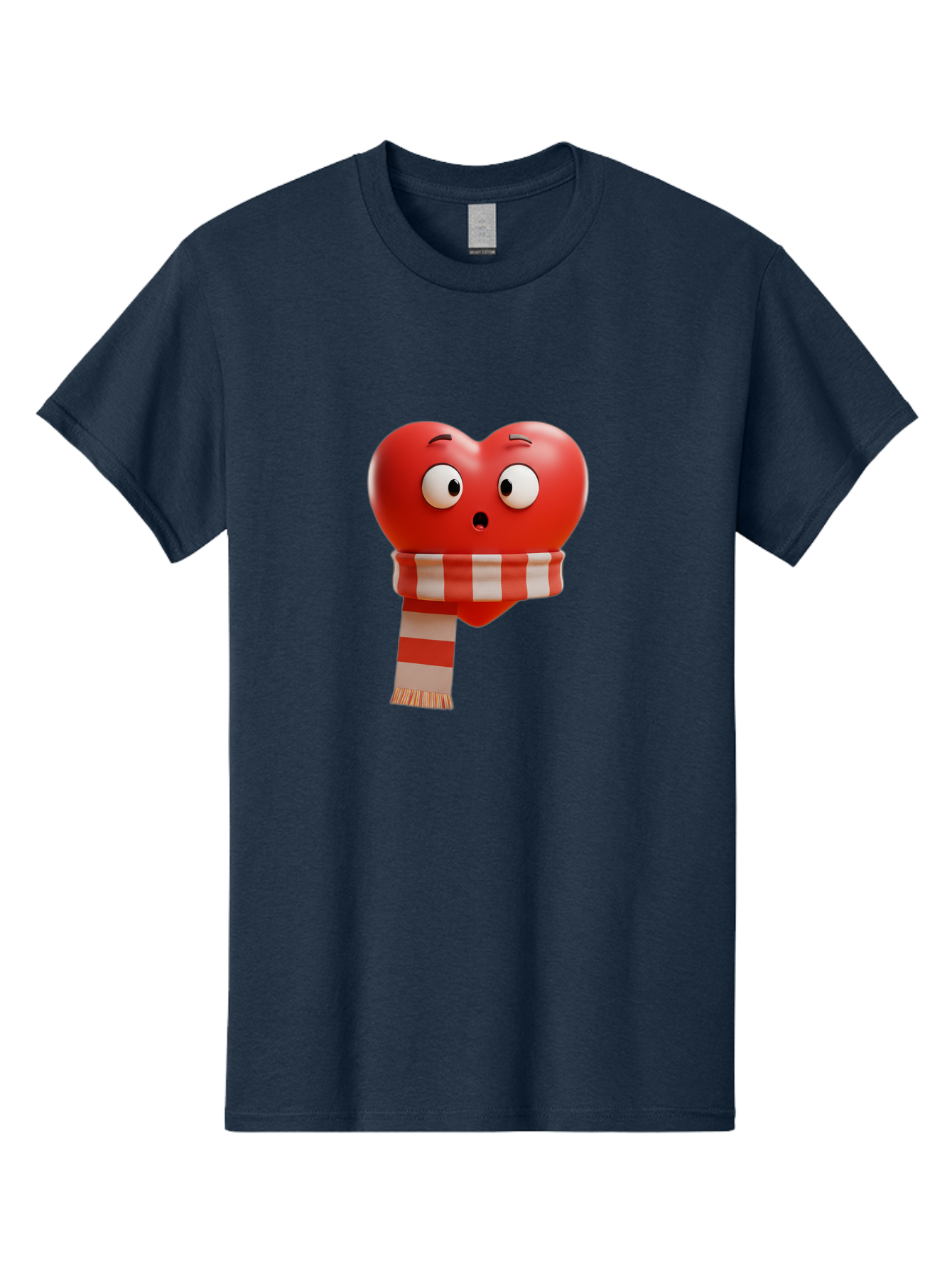 Heart-With-Scarf-3 Men'S Graphic Tee, 100% Cotton, Comfortable Casual Summer Wear, Machine Washable, Cartoon Heart, Red Heart, Surprised Face, Scarf Wrapped, Striped Scarf, 3D Character, Funny Expression, Cute Design, Winter Accessory, Bae044 4