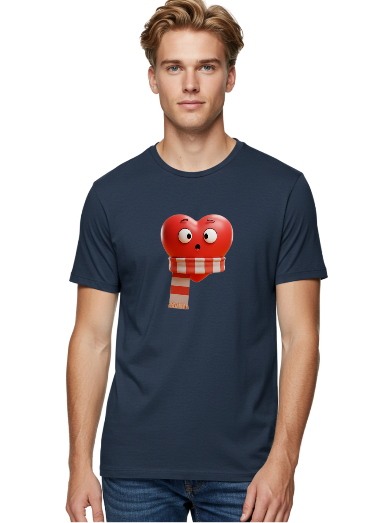 Heart-With-Scarf-3 Men'S Graphic Tee, 100% Cotton, Comfortable Casual Summer Wear, Machine Washable, Cartoon Heart, Red Heart, Surprised Face, Scarf Wrapped, Striped Scarf, 3D Character, Funny Expression, Cute Design, Winter Accessory, Bae044 19