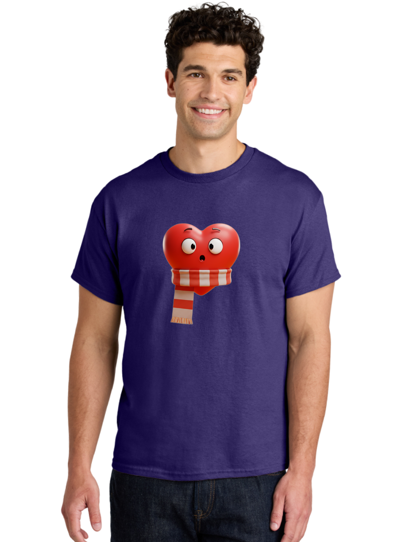 Heart-With-Scarf-3 Men'S Graphic Tee, 100% Cotton, Comfortable Casual Summer Wear, Machine Washable, Cartoon Heart, Red Heart, Surprised Face, Scarf Wrapped, Striped Scarf, 3D Character, Funny Expression, Cute Design, Winter Accessory, Bae044 26