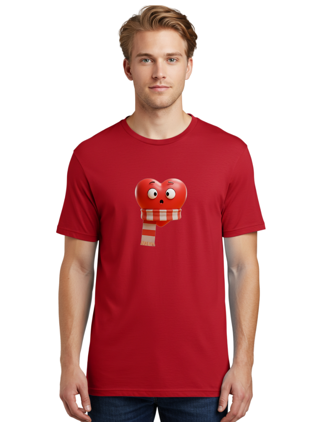 Heart-With-Scarf-3 Men'S Graphic Tee, 100% Cotton, Comfortable Casual Summer Wear, Machine Washable, Cartoon Heart, Red Heart, Surprised Face, Scarf Wrapped, Striped Scarf, 3D Character, Funny Expression, Cute Design, Winter Accessory, Bae044 29