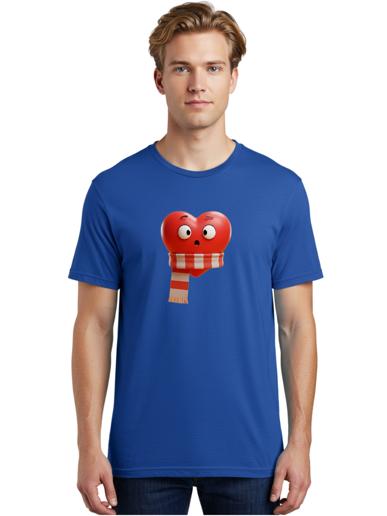 Heart-With-Scarf-3 Men'S Graphic Tee, 100% Cotton, Comfortable Casual Summer Wear, Machine Washable, Cartoon Heart, Red Heart, Surprised Face, Scarf Wrapped, Striped Scarf, 3D Character, Funny Expression, Cute Design, Winter Accessory, Bae044 30