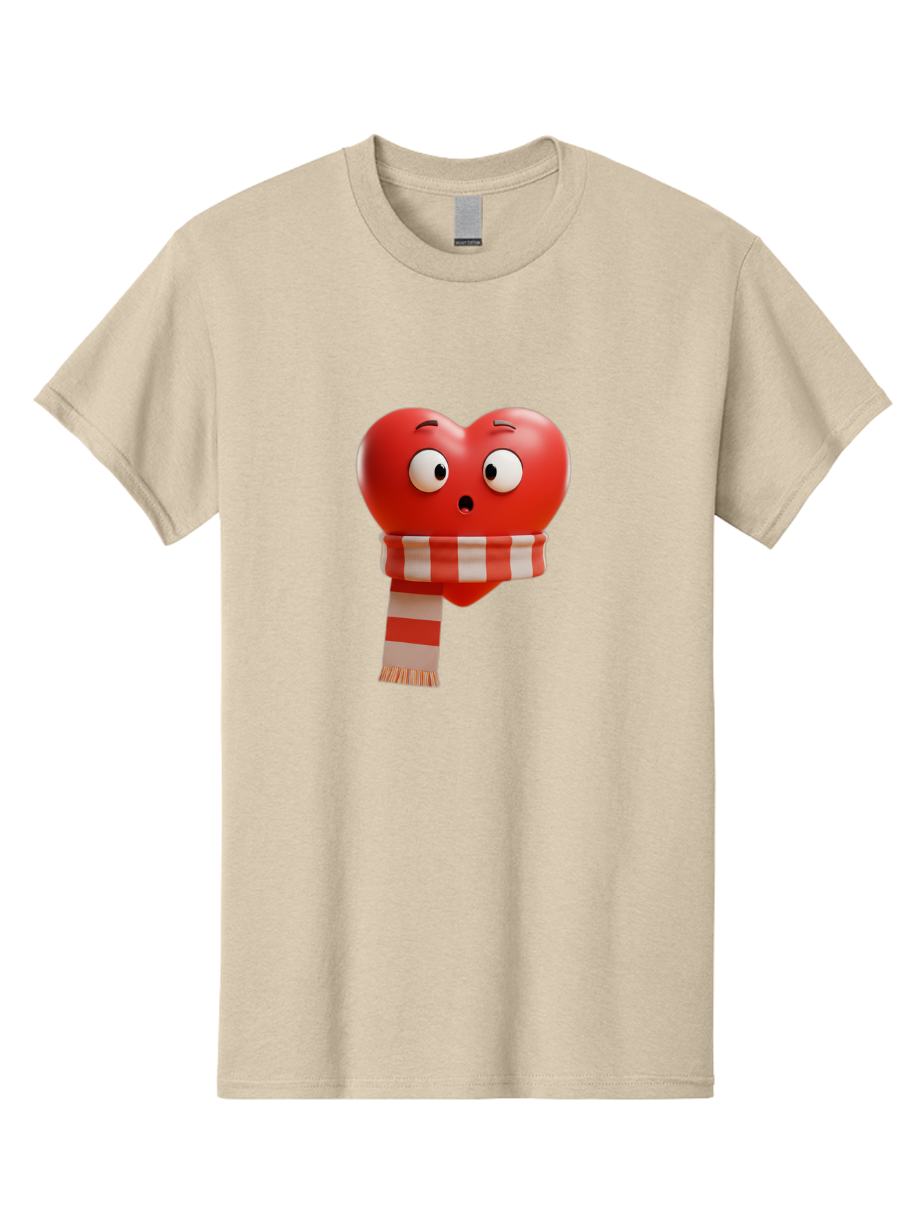 Heart-With-Scarf-3 Men'S Graphic Tee, 100% Cotton, Comfortable Casual Summer Wear, Machine Washable, Cartoon Heart, Red Heart, Surprised Face, Scarf Wrapped, Striped Scarf, 3D Character, Funny Expression, Cute Design, Winter Accessory, Bae044 12