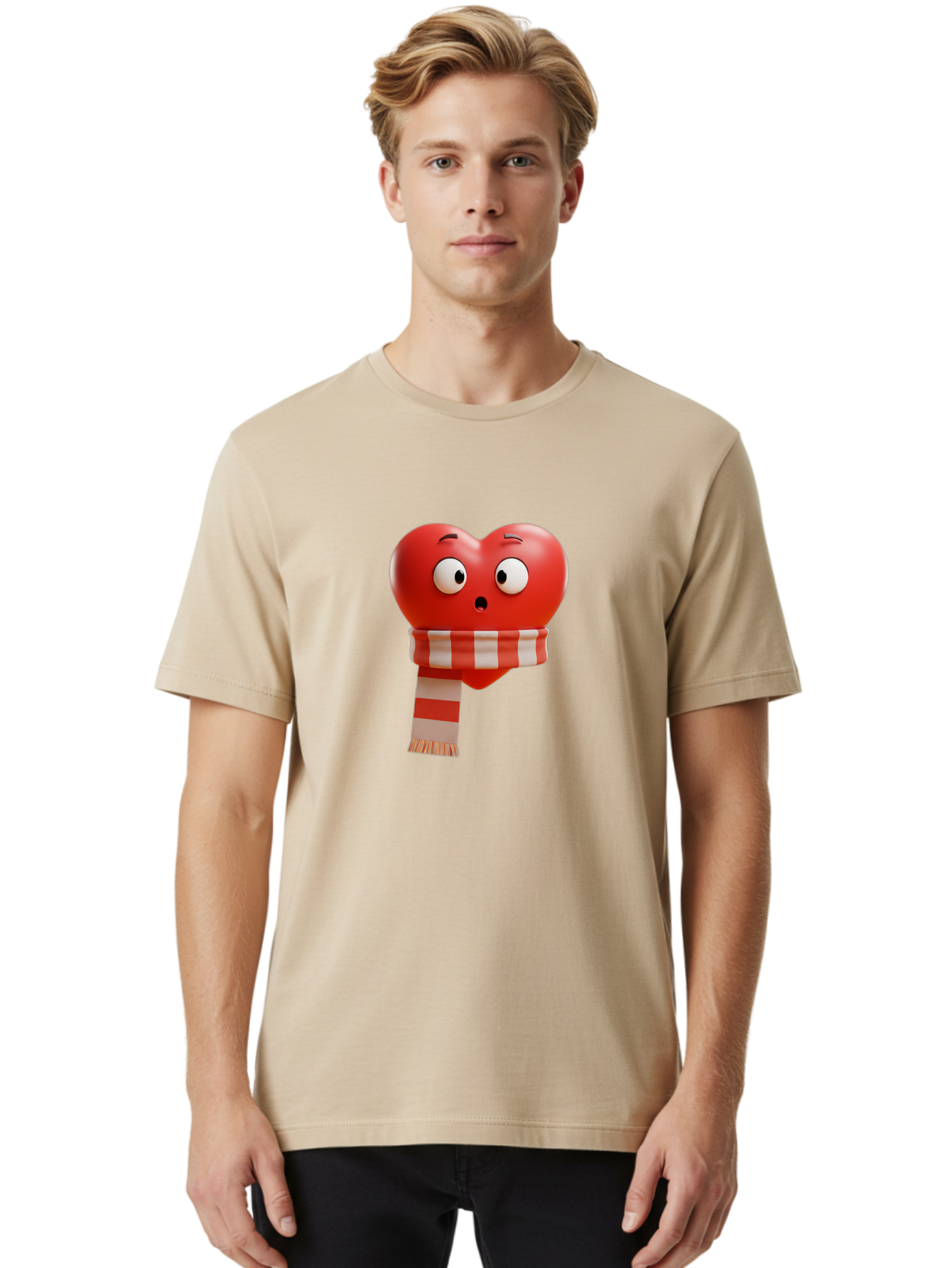 Heart-With-Scarf-3 Men'S Graphic Tee, 100% Cotton, Comfortable Casual Summer Wear, Machine Washable, Cartoon Heart, Red Heart, Surprised Face, Scarf Wrapped, Striped Scarf, 3D Character, Funny Expression, Cute Design, Winter Accessory, Bae044 27