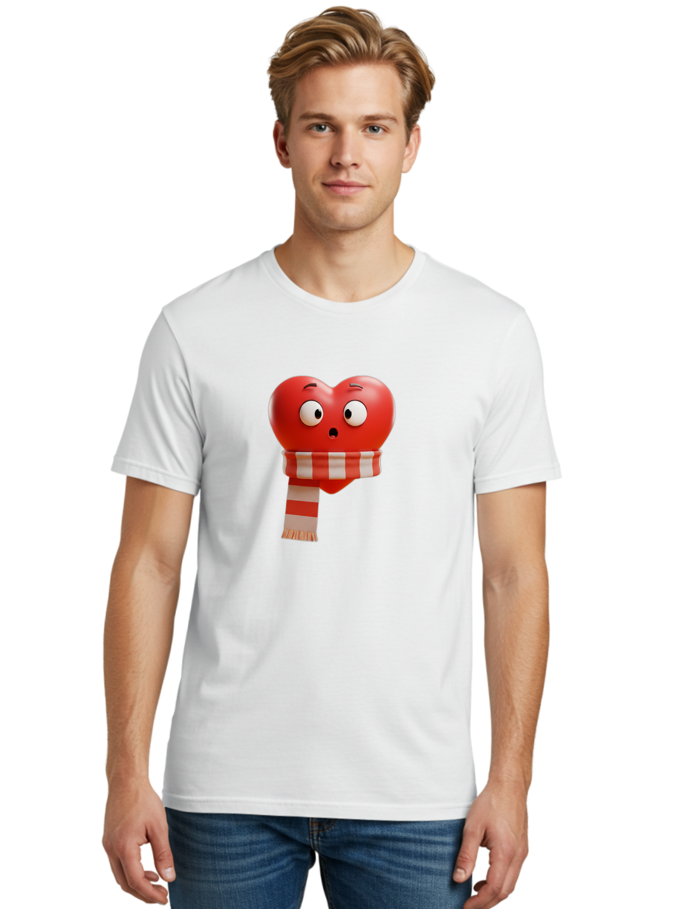 Heart-With-Scarf-3 Men'S Graphic Tee, 100% Cotton, Comfortable Casual Summer Wear, Machine Washable, Cartoon Heart, Red Heart, Surprised Face, Scarf Wrapped, Striped Scarf, 3D Character, Funny Expression, Cute Design, Winter Accessory, Bae044 17