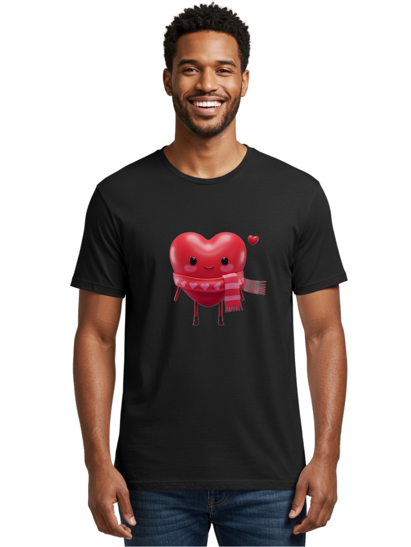 Heart-With-Scarf-4 Men'S Graphic Tee, 100% Cotton, Comfortable Casual Summer Wear, Machine Washable, Cartoon Heart, Heart Character, Smiling Face, Pink Scarf, Love Symbol, Valentines Day, Heart Pattern, Cute Design, Adorable Illustration, Bae045 21