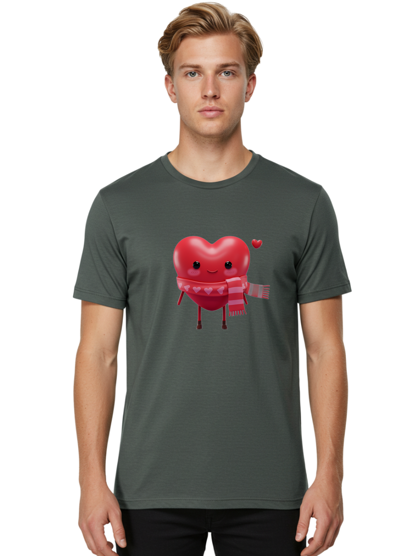 Heart-With-Scarf-4 Men'S Graphic Tee, 100% Cotton, Comfortable Casual Summer Wear, Machine Washable, Cartoon Heart, Heart Character, Smiling Face, Pink Scarf, Love Symbol, Valentines Day, Heart Pattern, Cute Design, Adorable Illustration, Bae045 17