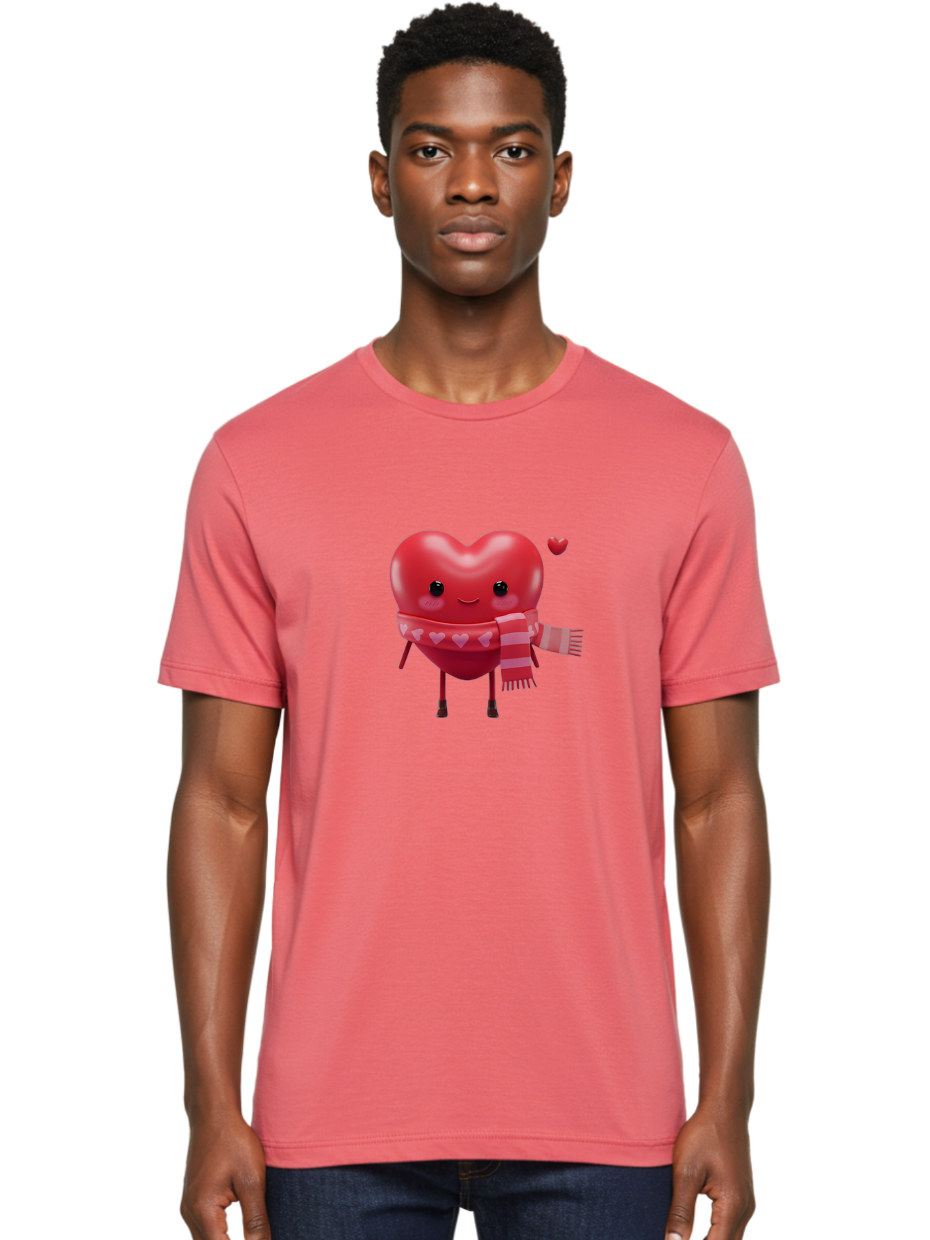 Heart-With-Scarf-4 Men'S Graphic Tee, 100% Cotton, Comfortable Casual Summer Wear, Machine Washable, Cartoon Heart, Heart Character, Smiling Face, Pink Scarf, Love Symbol, Valentines Day, Heart Pattern, Cute Design, Adorable Illustration, Bae045 20