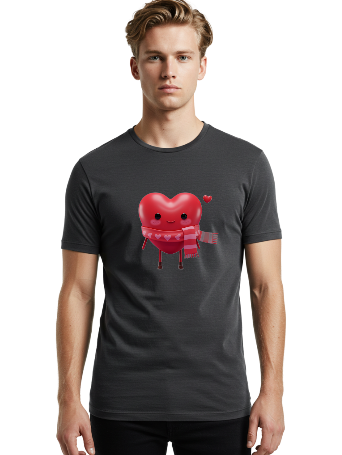 Heart-With-Scarf-4 Men'S Graphic Tee, 100% Cotton, Comfortable Casual Summer Wear, Machine Washable, Cartoon Heart, Heart Character, Smiling Face, Pink Scarf, Love Symbol, Valentines Day, Heart Pattern, Cute Design, Adorable Illustration, Bae045 24
