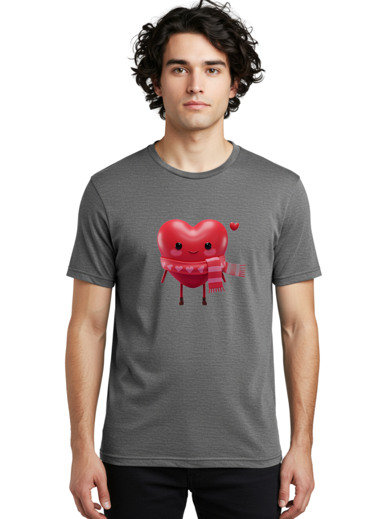 Heart-With-Scarf-4 Men'S Graphic Tee, 100% Cotton, Comfortable Casual Summer Wear, Machine Washable, Cartoon Heart, Heart Character, Smiling Face, Pink Scarf, Love Symbol, Valentines Day, Heart Pattern, Cute Design, Adorable Illustration, Bae045 25