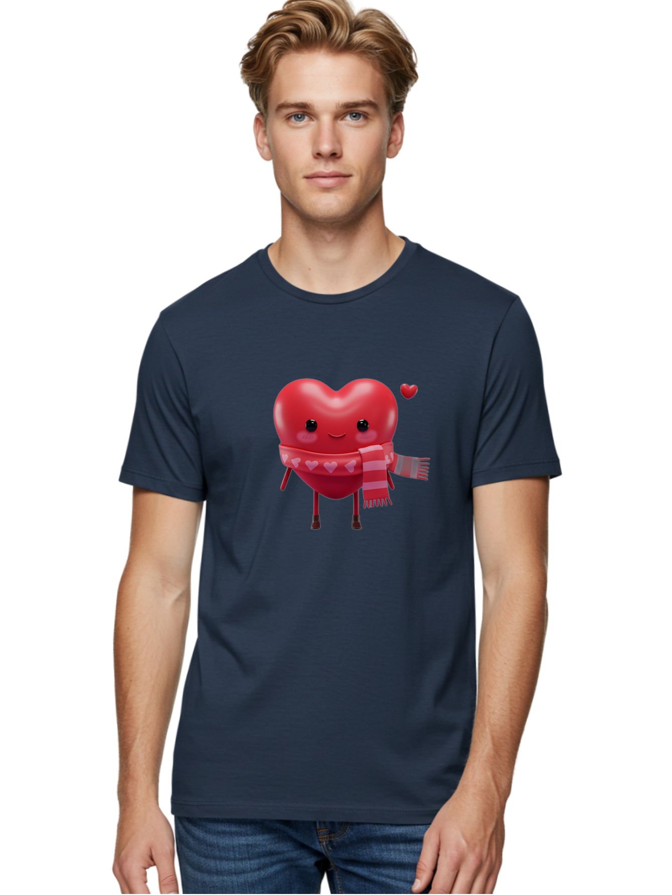 Heart-With-Scarf-4 Men'S Graphic Tee, 100% Cotton, Comfortable Casual Summer Wear, Machine Washable, Cartoon Heart, Heart Character, Smiling Face, Pink Scarf, Love Symbol, Valentines Day, Heart Pattern, Cute Design, Adorable Illustration, Bae045 19