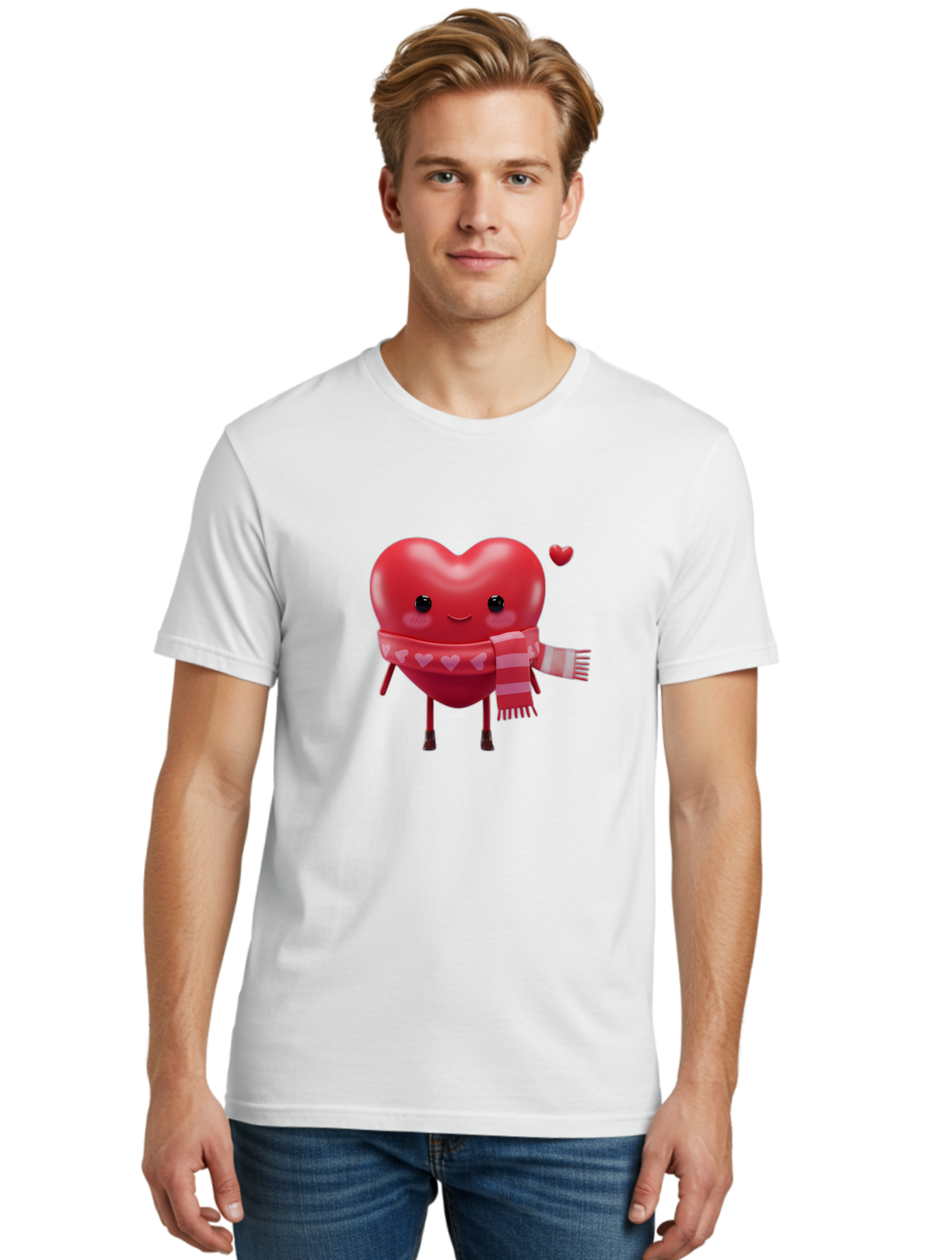 Heart-With-Scarf-4 Men'S Graphic Tee, 100% Cotton, Comfortable Casual Summer Wear, Machine Washable, Cartoon Heart, Heart Character, Smiling Face, Pink Scarf, Love Symbol, Valentines Day, Heart Pattern, Cute Design, Adorable Illustration, Bae045 22
