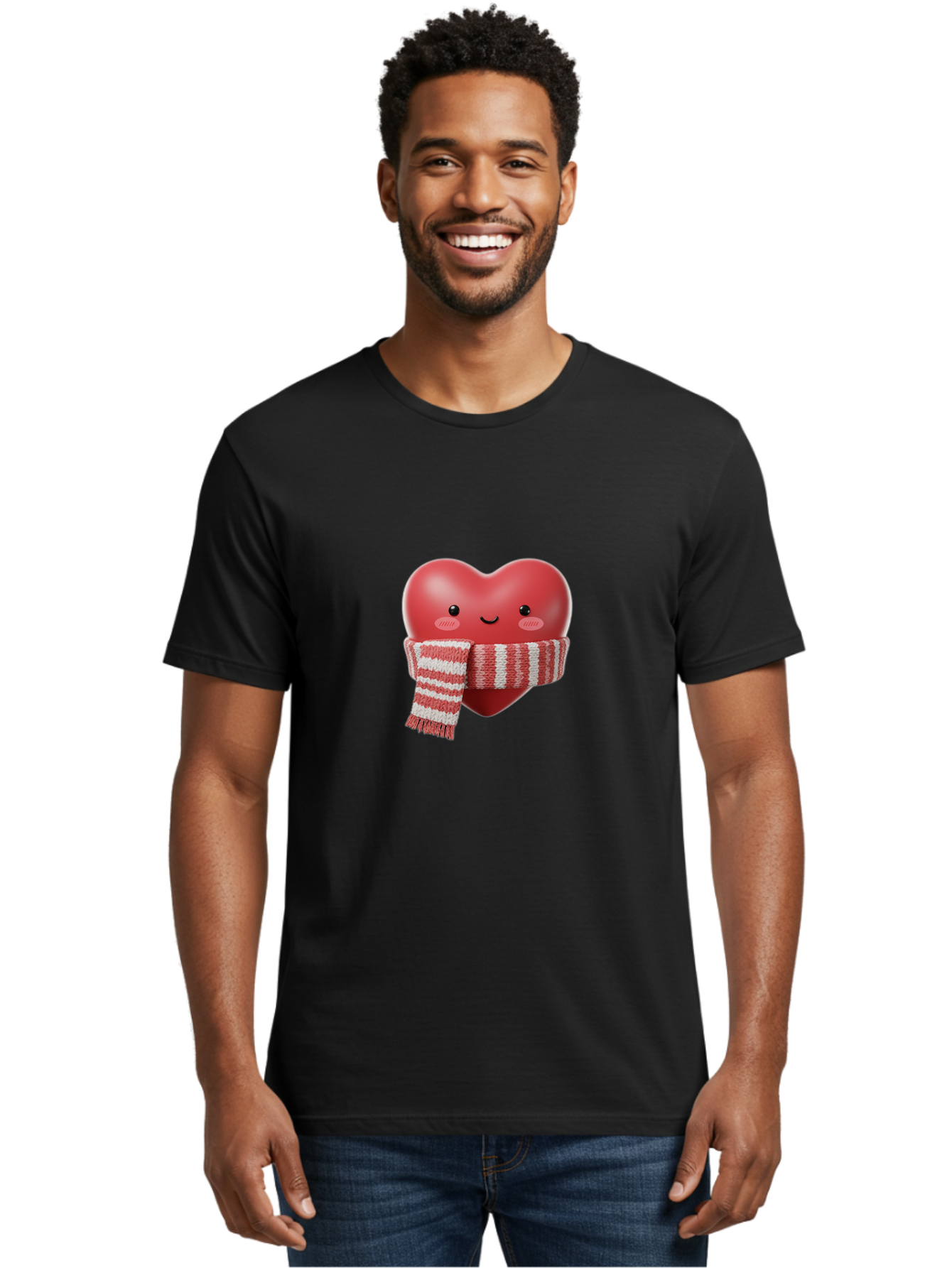 Heart-With-Scarf Men'S Graphic Tee, 100% Cotton, Comfortable Casual Summer Wear, Machine Washable, Heart Character, Red Heart, Scarf Wrapped, Cute Expression, Smiling Face, Rosy Cheeks, Winter Theme, Cartoon Style, Kawaii Design, Love Symbol, Bae046 17