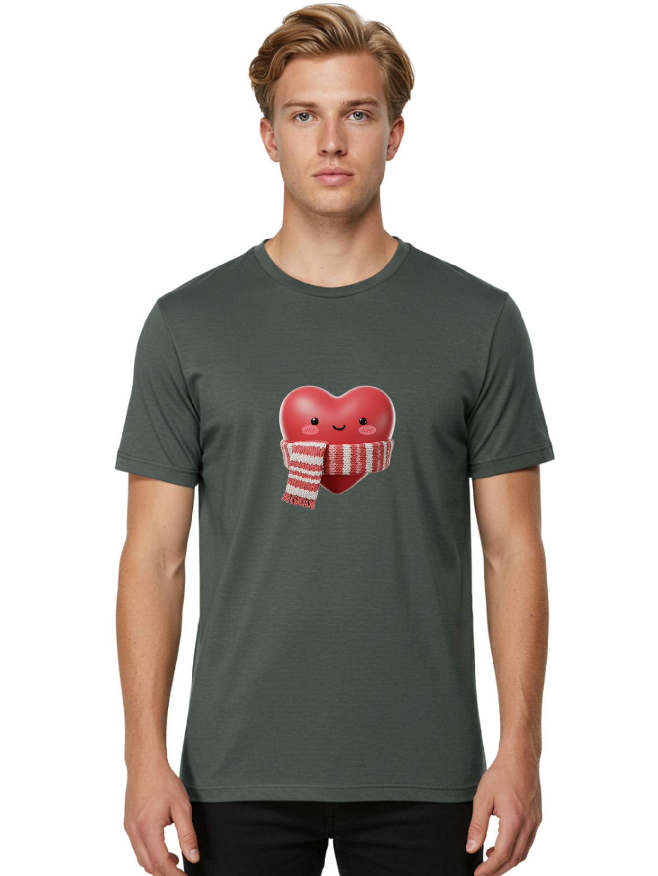 Heart-With-Scarf Men'S Graphic Tee, 100% Cotton, Comfortable Casual Summer Wear, Machine Washable, Heart Character, Red Heart, Scarf Wrapped, Cute Expression, Smiling Face, Rosy Cheeks, Winter Theme, Cartoon Style, Kawaii Design, Love Symbol, Bae046 27