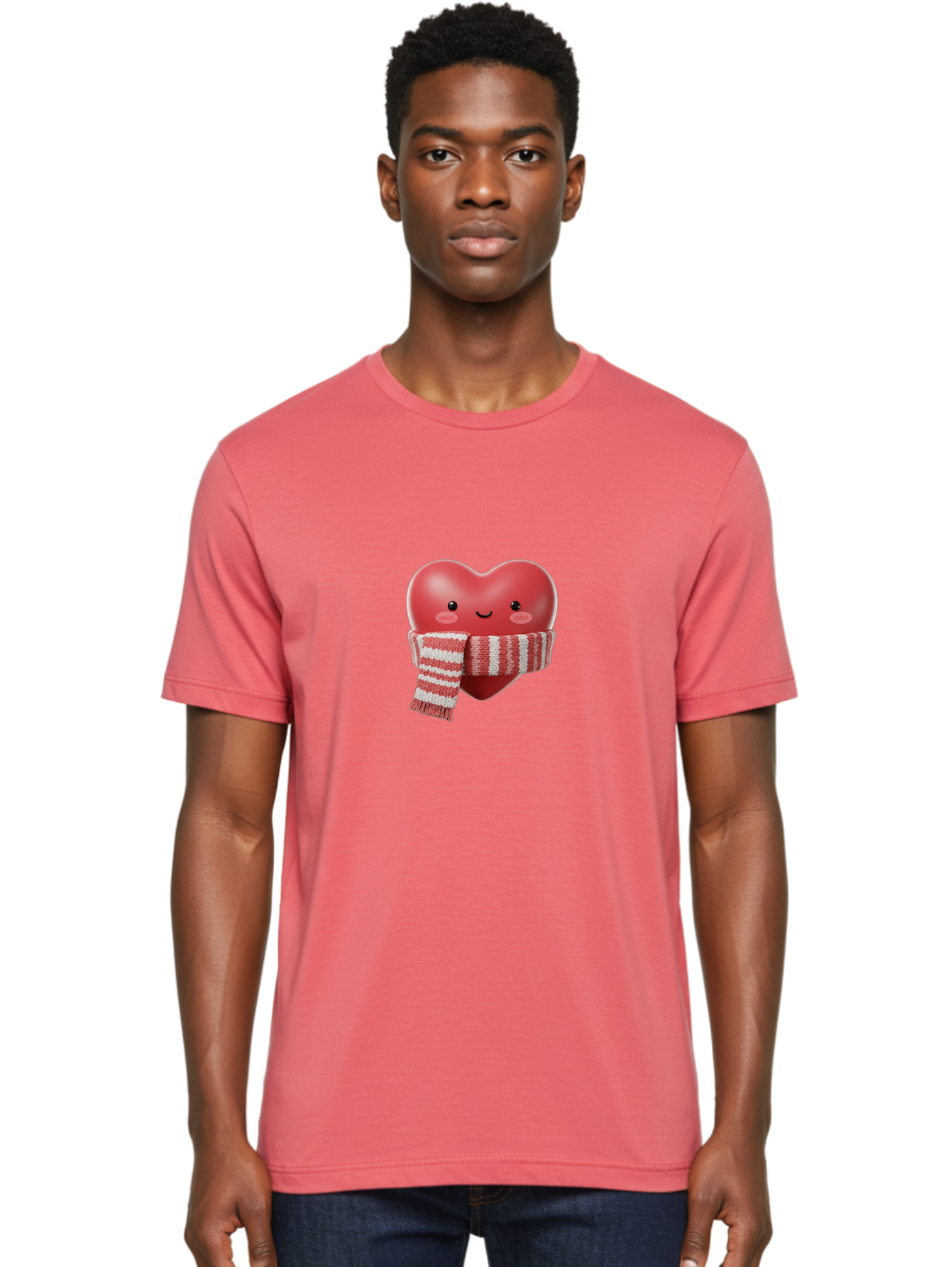 Heart-With-Scarf Men'S Graphic Tee, 100% Cotton, Comfortable Casual Summer Wear, Machine Washable, Heart Character, Red Heart, Scarf Wrapped, Cute Expression, Smiling Face, Rosy Cheeks, Winter Theme, Cartoon Style, Kawaii Design, Love Symbol, Bae046 21