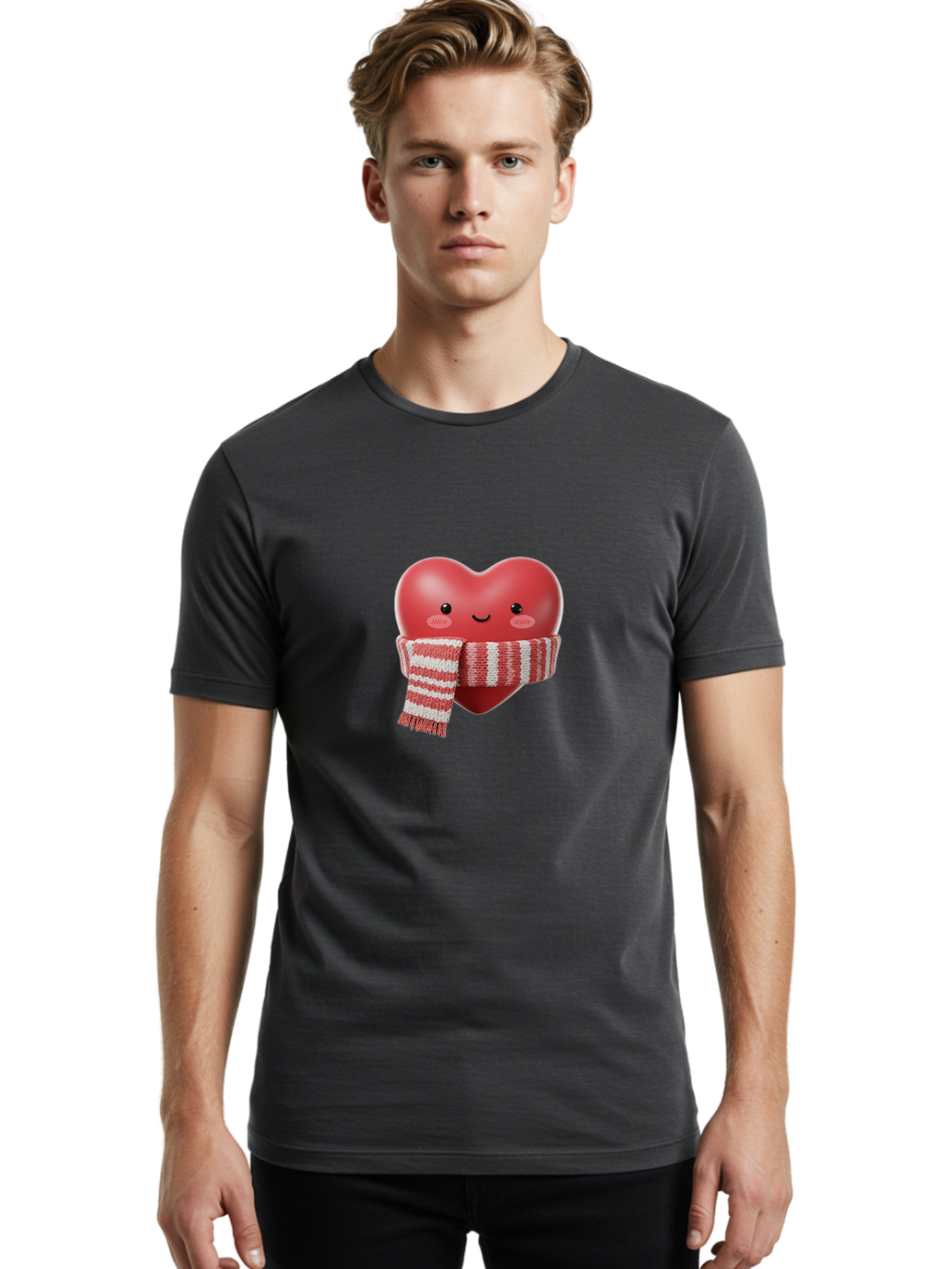 Heart-With-Scarf Men'S Graphic Tee, 100% Cotton, Comfortable Casual Summer Wear, Machine Washable, Heart Character, Red Heart, Scarf Wrapped, Cute Expression, Smiling Face, Rosy Cheeks, Winter Theme, Cartoon Style, Kawaii Design, Love Symbol, Bae046 24