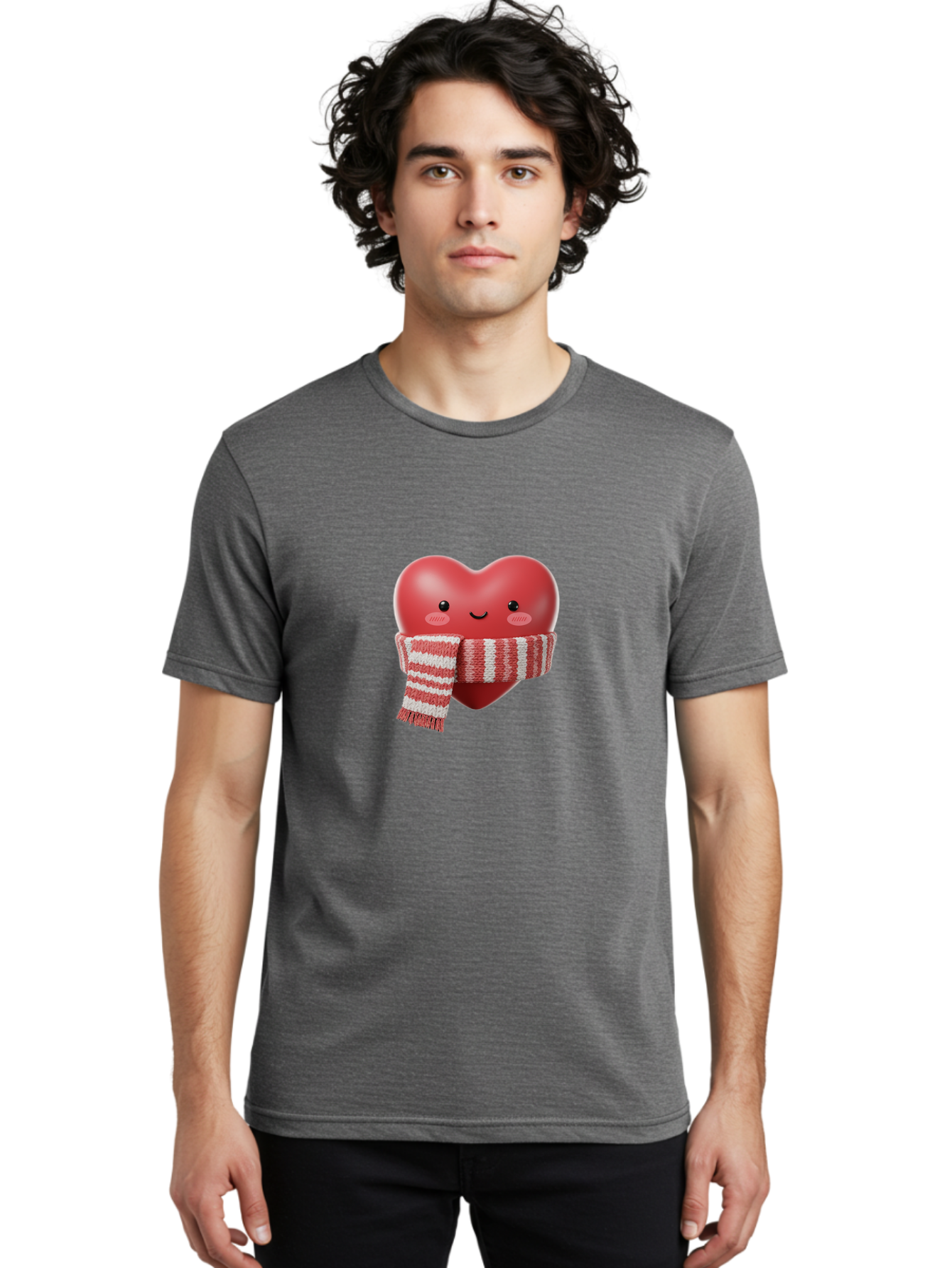Heart-With-Scarf Men'S Graphic Tee, 100% Cotton, Comfortable Casual Summer Wear, Machine Washable, Heart Character, Red Heart, Scarf Wrapped, Cute Expression, Smiling Face, Rosy Cheeks, Winter Theme, Cartoon Style, Kawaii Design, Love Symbol, Bae046 23