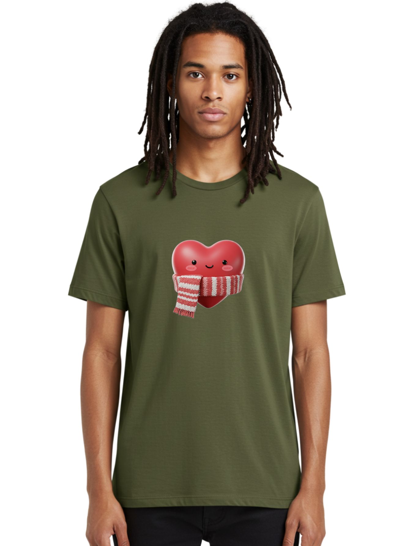 Heart-With-Scarf Men'S Graphic Tee, 100% Cotton, Comfortable Casual Summer Wear, Machine Washable, Heart Character, Red Heart, Scarf Wrapped, Cute Expression, Smiling Face, Rosy Cheeks, Winter Theme, Cartoon Style, Kawaii Design, Love Symbol, Bae046 25