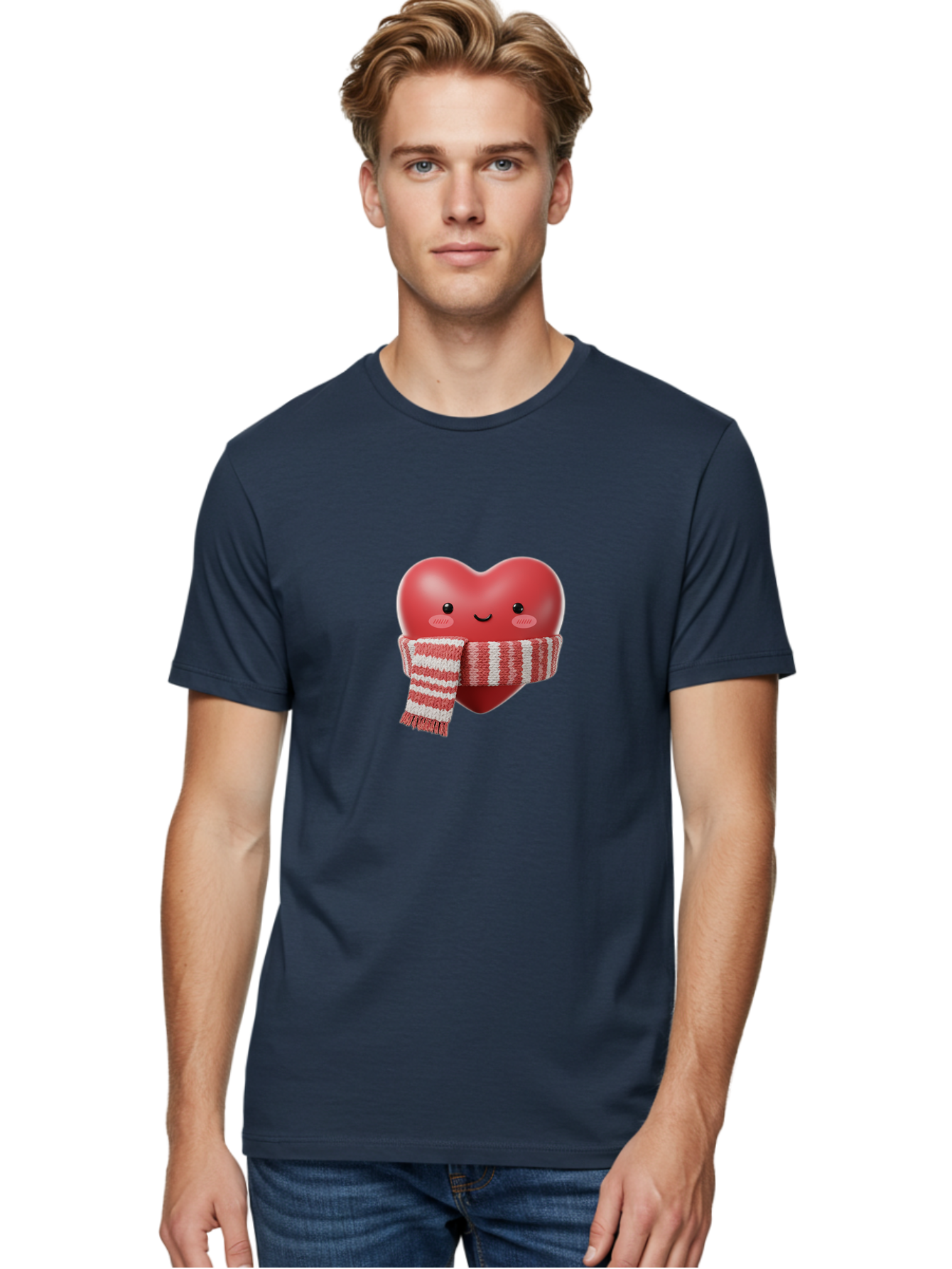 Heart-With-Scarf Men'S Graphic Tee, 100% Cotton, Comfortable Casual Summer Wear, Machine Washable, Heart Character, Red Heart, Scarf Wrapped, Cute Expression, Smiling Face, Rosy Cheeks, Winter Theme, Cartoon Style, Kawaii Design, Love Symbol, Bae046 16
