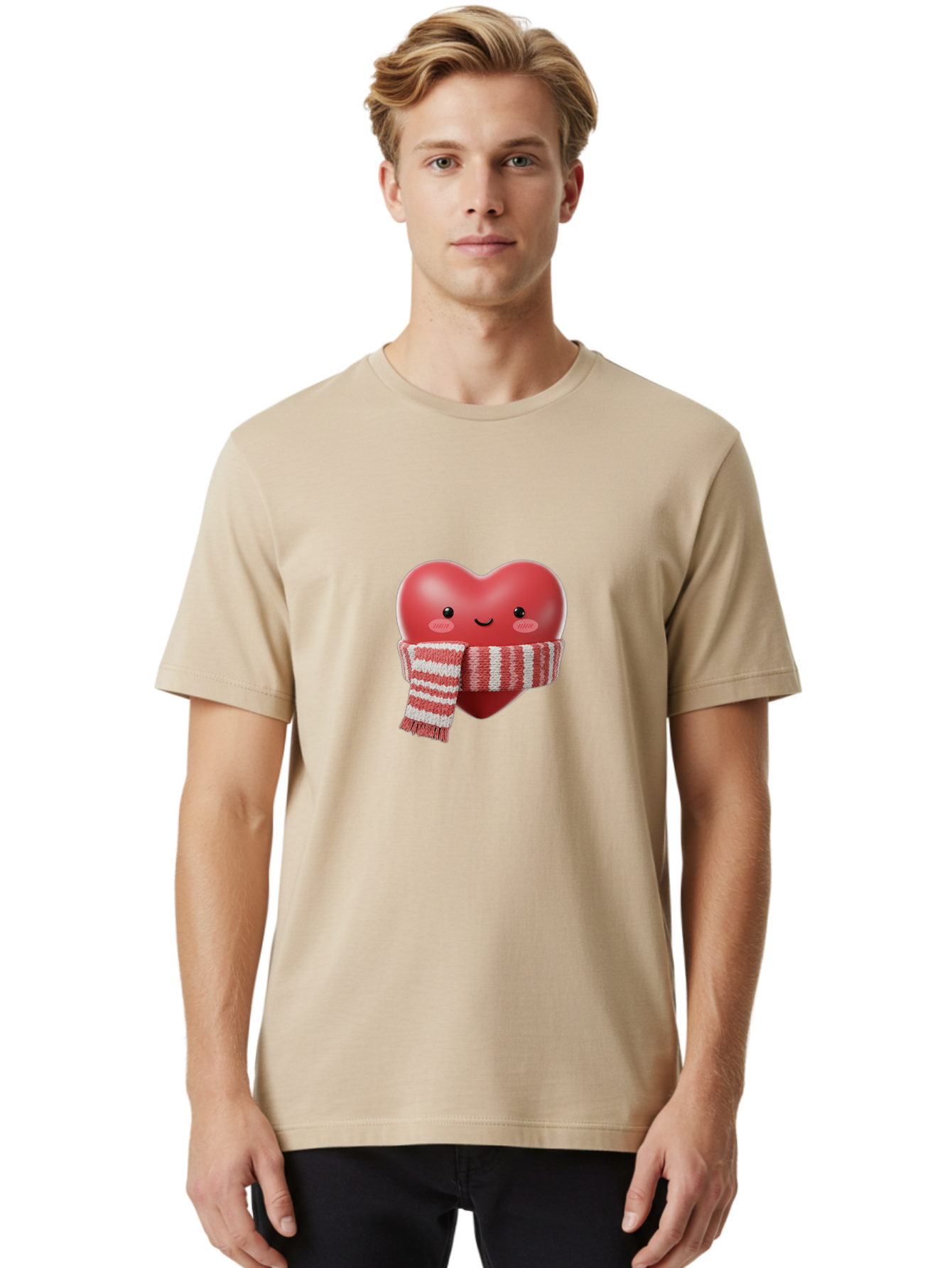 Heart-With-Scarf Men'S Graphic Tee, 100% Cotton, Comfortable Casual Summer Wear, Machine Washable, Heart Character, Red Heart, Scarf Wrapped, Cute Expression, Smiling Face, Rosy Cheeks, Winter Theme, Cartoon Style, Kawaii Design, Love Symbol, Bae046 30