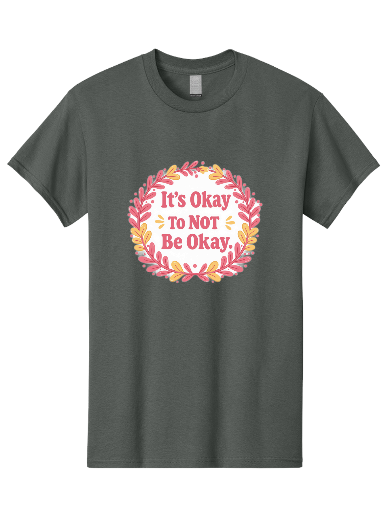 It-S-Okay-To-Not-Be-Okay-1 Men'S Graphic Tee, 100% Cotton, Comfortable Casual Summer Wear, Machine Washable, Motivational Quote, Mental Health Awareness, Inspirational Message, Positive Vibes, Self Care, Wellness, Pink Font, Yellow Leaves, Bae050 6