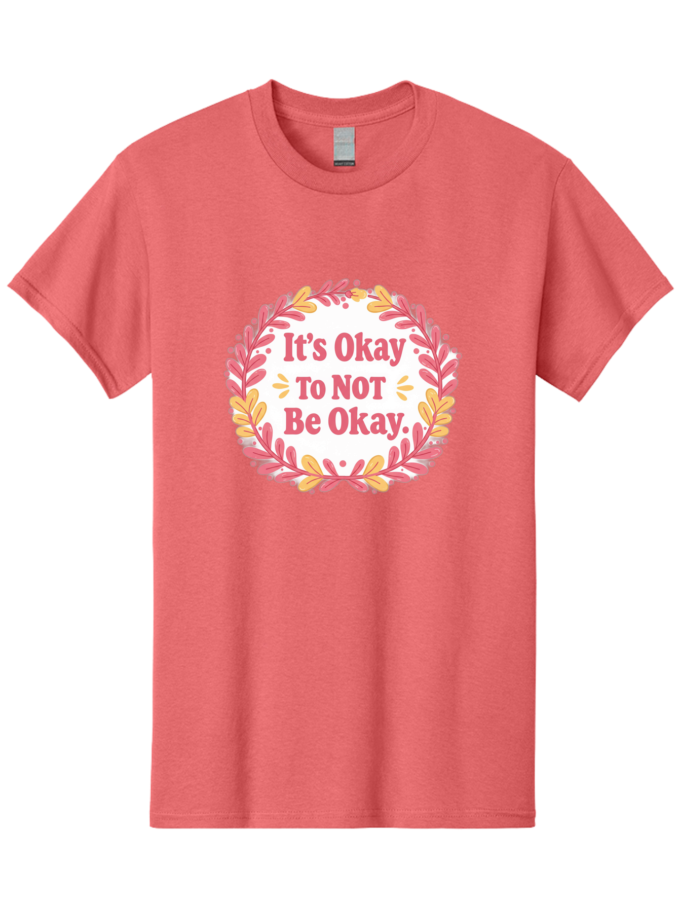 It-S-Okay-To-Not-Be-Okay-1 Men'S Graphic Tee, 100% Cotton, Comfortable Casual Summer Wear, Machine Washable, Motivational Quote, Mental Health Awareness, Inspirational Message, Positive Vibes, Self Care, Wellness, Pink Font, Yellow Leaves, Bae050 14